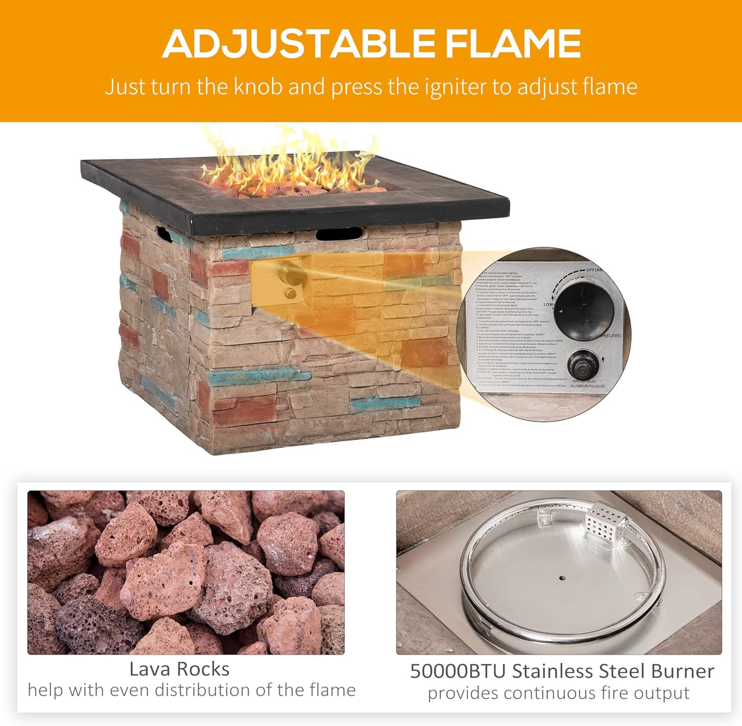 Outsunny 32 Inch Outdoor Propane Gas Fire Pit Table, 50,000 BTU Auto-Ignition Rectangular Faux Ledge Stone Gas Firepit with Lava Rocks and Rain Cover, CSA Certification, Brown