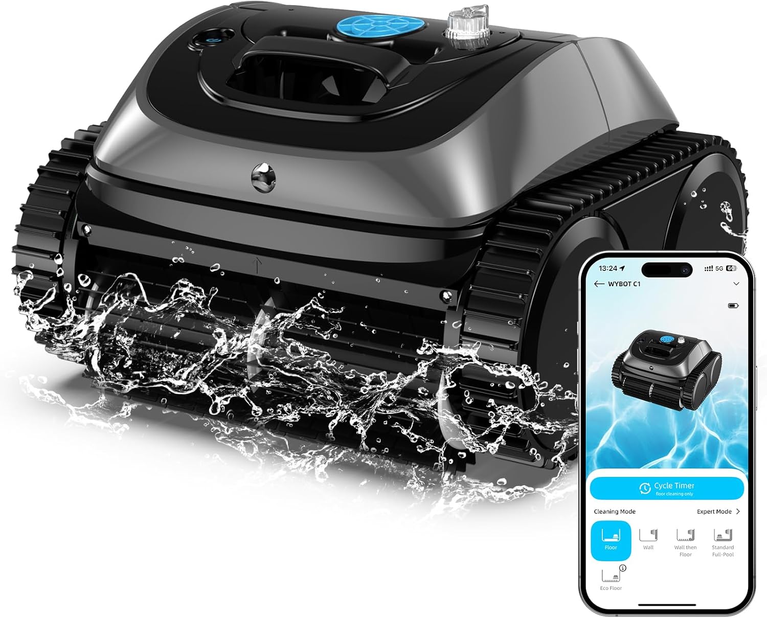 WYBOT Pool Vacuum for Inground Pools, 4-in-1 Cordless Robotic Pool Cleaner for Above Ground Pools, Triple-Motor up to 1,614 Sq.ft, Wall & Waterline Cleaning, WiFi & Bluetooth Connect (Grey Blue)