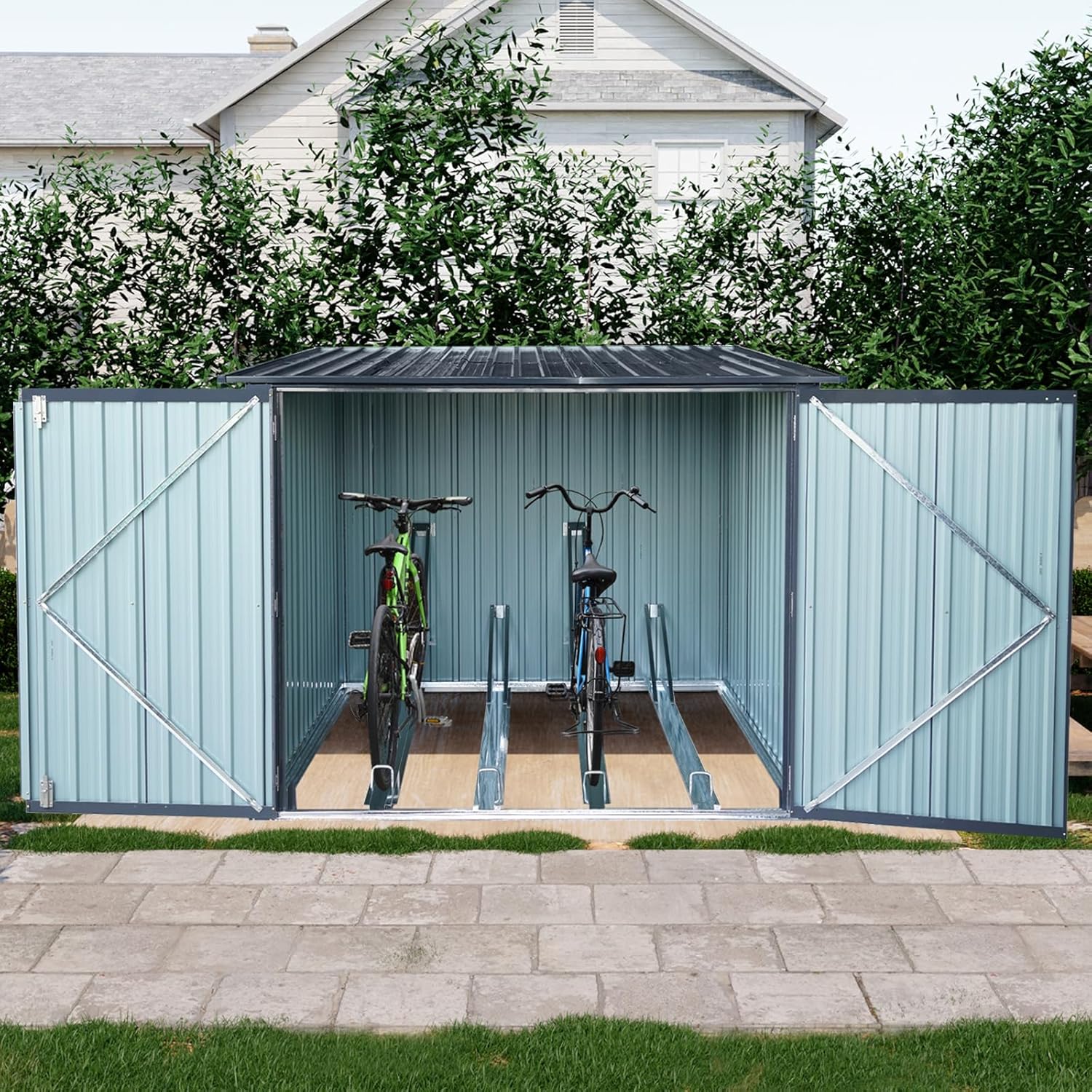 Heavy-Duty Outdoor Steel Storage Shed with Slope Roof - 4 Bike Tracks, Rust & Fire Resistant, Double-Door Access, Ventilated Design - Ideal for Bicycles & Sports Equipment Storage