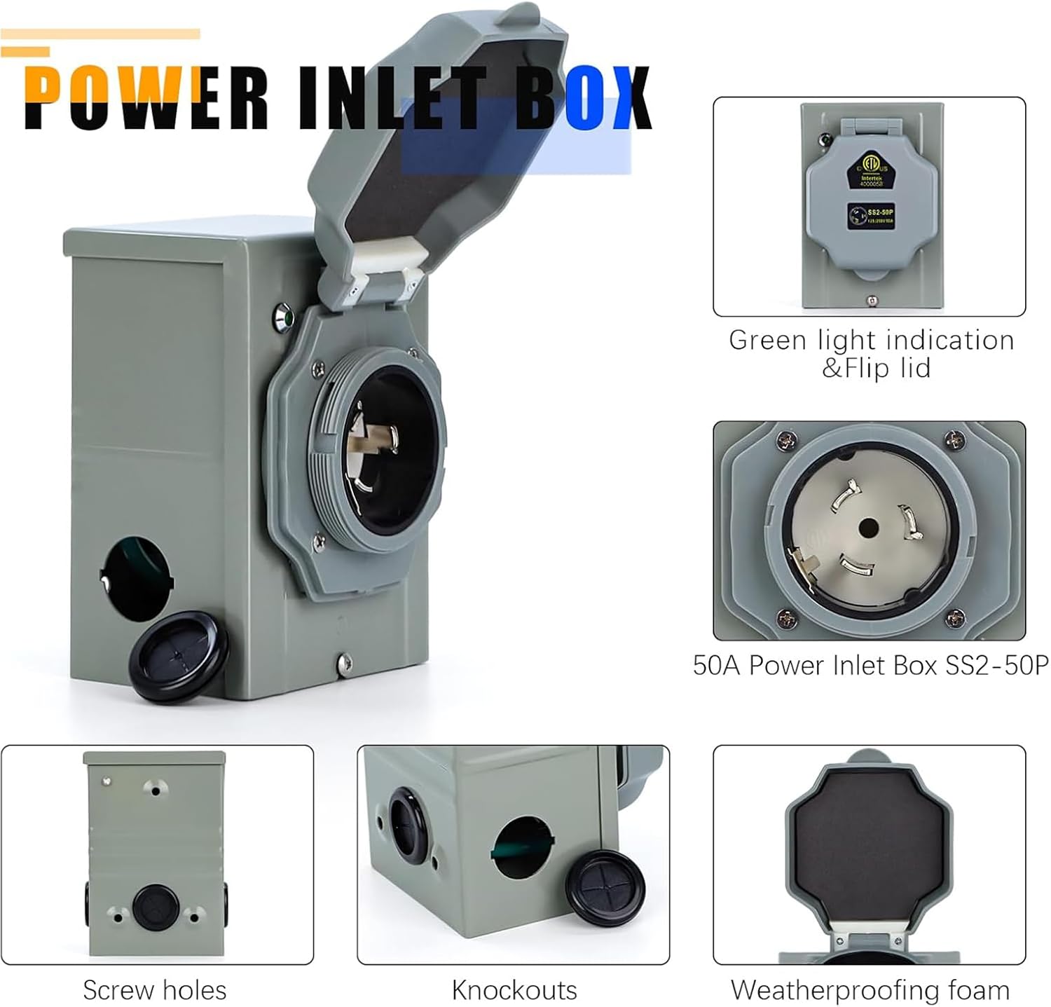 E-SDS 50 Amp Generator Cord 25FT and Pre-Drilled Power Inlet Box Waterproof Combo Kit，NEMA 14-50P to SS2-50R Generator Extension Cord with SS2-50P Generator Outlet, ETL Listed,125/250 Volt, 12500W