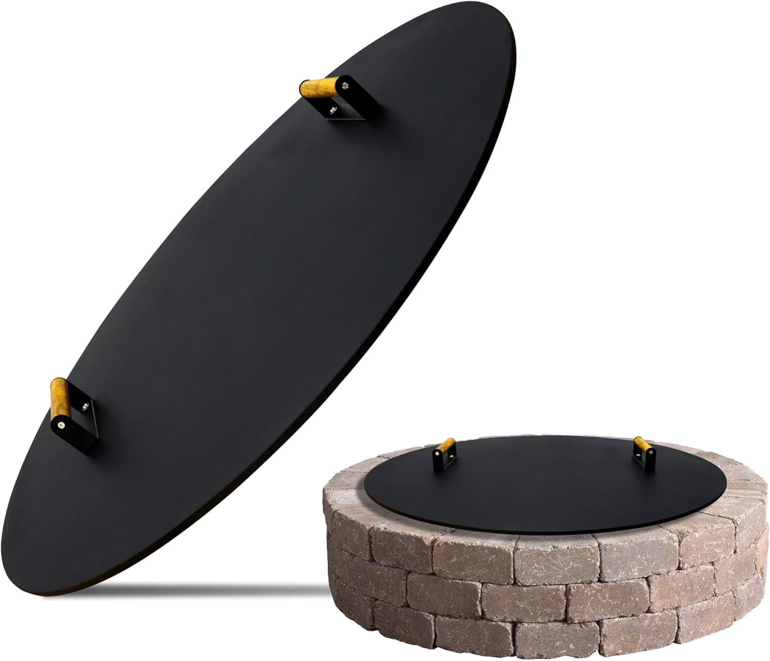 34-Inch Round Fire Pit Lid – Metal Cover with Wooden Handles, Weather-Resistant Snuffer for Bonfire & Propane Fire Pits, Doubles as Outdoor Table