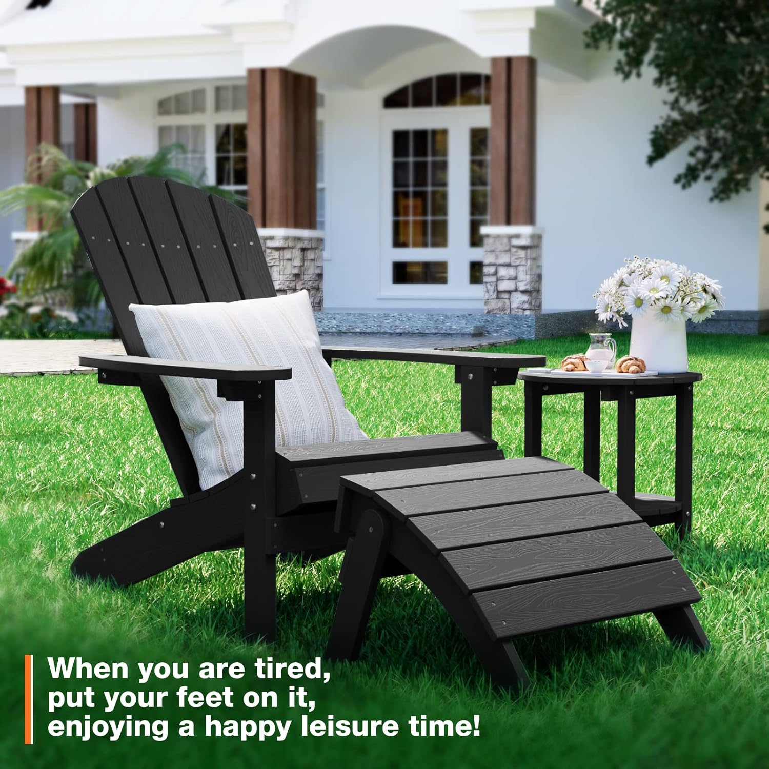 YEFU Adirondack Ottoman Set of 4, Adirondack Foot Rest, Patio Foot Rest, Folding Adirondack Footstool, Weather Resistant for Adirondack Chair, Widely Used for Outdoor, Porch, Backyard, Fire Pits-Black