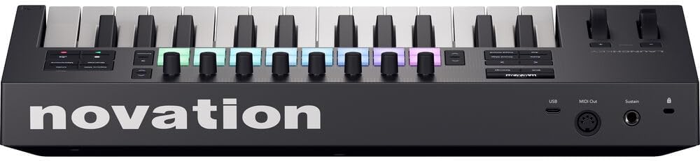 Novation Launchkey 25 MK4 USB MIDI Keyboard Controller (25 Keys) Bundle with HPC-A30 Closed-Back Studio Monitor Headphones, FP-P1L Universal Piano-Style Sustain Pedal and Mid-310 Black 10' Midi cable