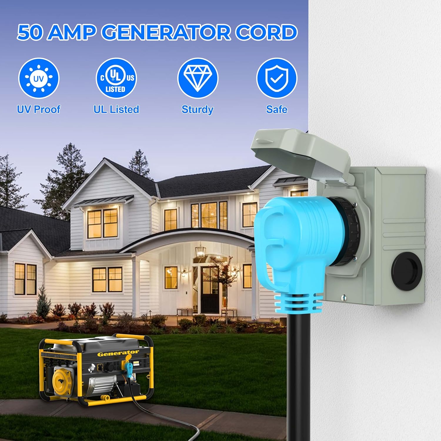 15 Feet 50 Amp RV/Generator Cord, UL Listed, 100% Copper Wire, Newly Designed 90°Grip Handle, NEMA 14-50P to SS2-50R Twist Lock, 6/3+8/1 Gauge STW Wire