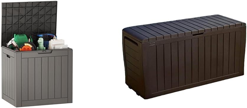 EAST OAK Deck Box, 31 Gallon Indoor and Outdoor Storage Box with Padlock for Patio Cushions & Keter Marvel Plus 71 Gallon Resin Outdoor Box for Patio Furniture Cushion Storage, Brown