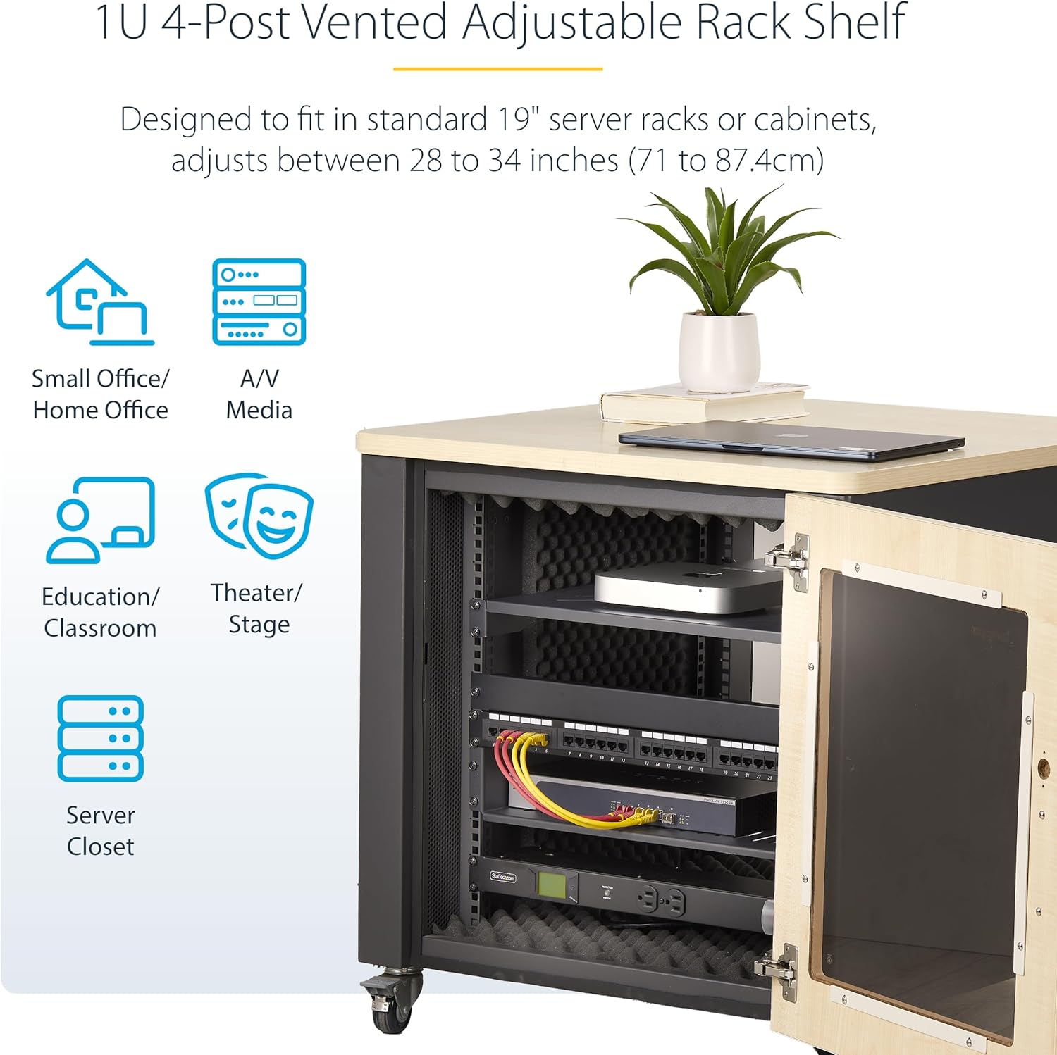 StarTech.com 1U 4-Post Server Rack Shelf, Vented, Adjustable Mounting Depth (28-34.4in/71.1-87.3cm), 150lb (68kg) Capacity