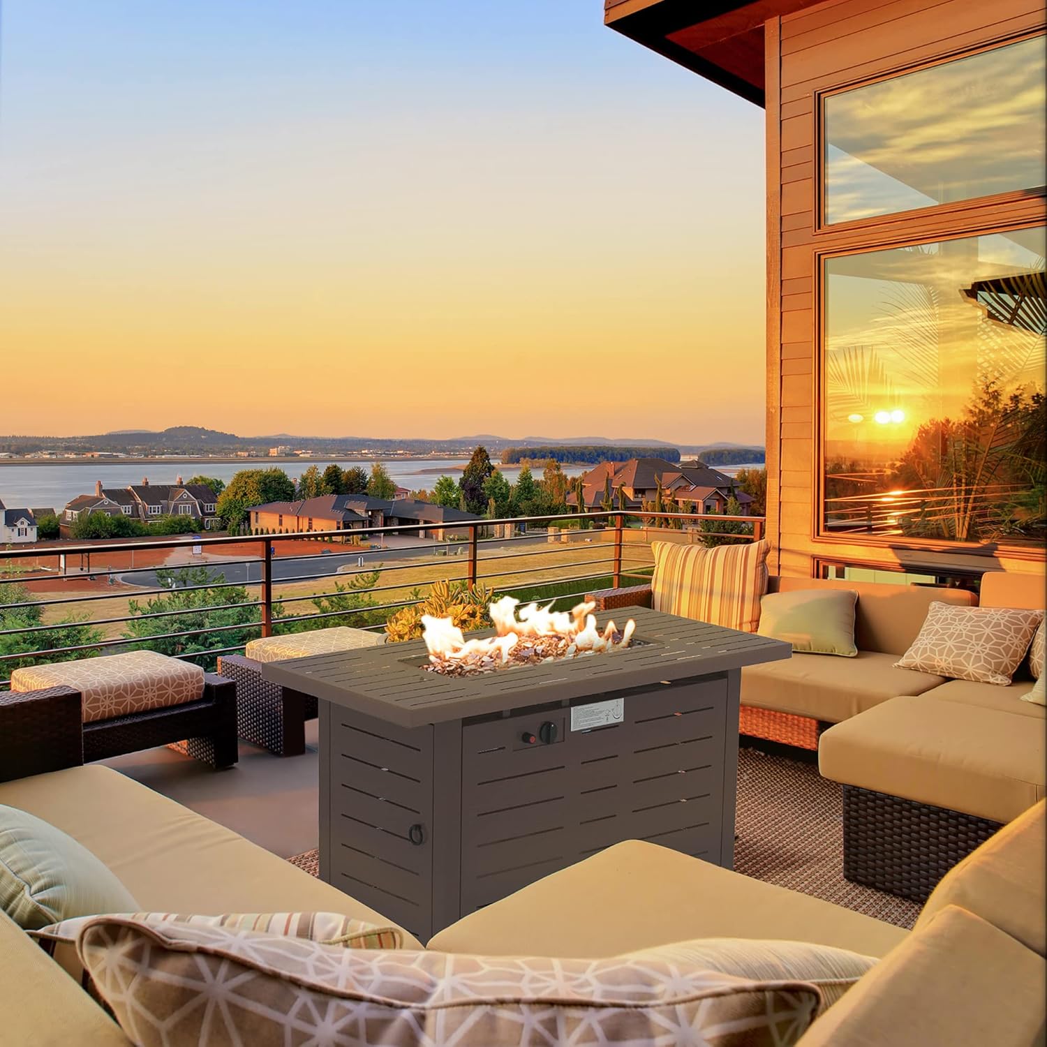 42 Inch Outdoor Propane Gas Fire Pit Table, 50,000 BTU Auto Ignition Rectangular Gas Firepit with Slat Tabletop, Lid, Lava Rocks, Rain Cover, CSA Certification, Brown