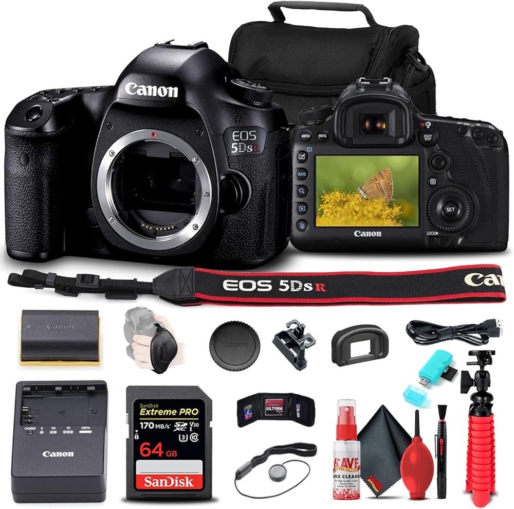 Canon EOS 5DS R DSLR Camera (Body Only) (0582C002) + 64GB Memory Card + Card Reader + Case + Flex Tripod + Hand Strap + Cap Keeper + Memory Wallet + Cleaning Kit (Renewed)