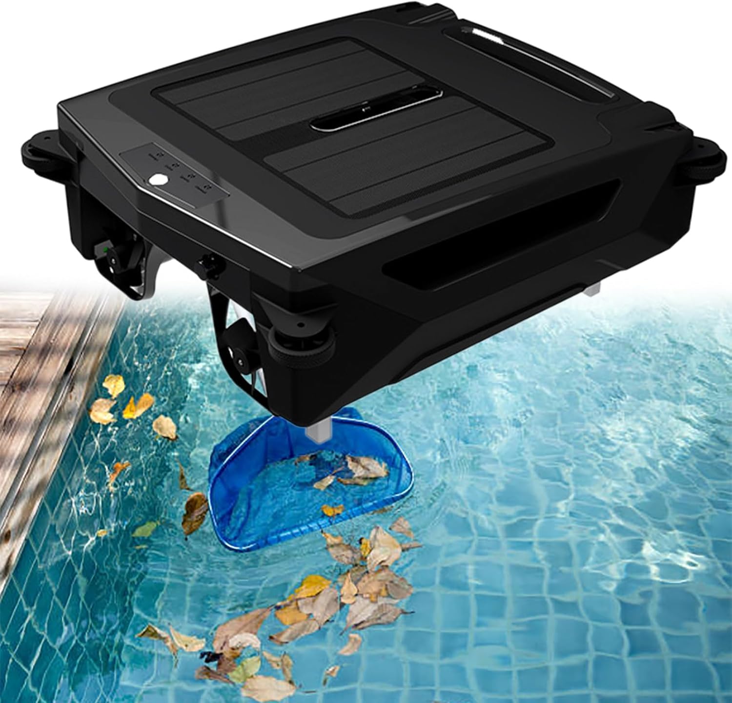 Solar Powered Automatic Robotic Pool Skimmer Cleaner with 30-Hour Continuous Cleaning Battery Power and Re-Engineered Motors