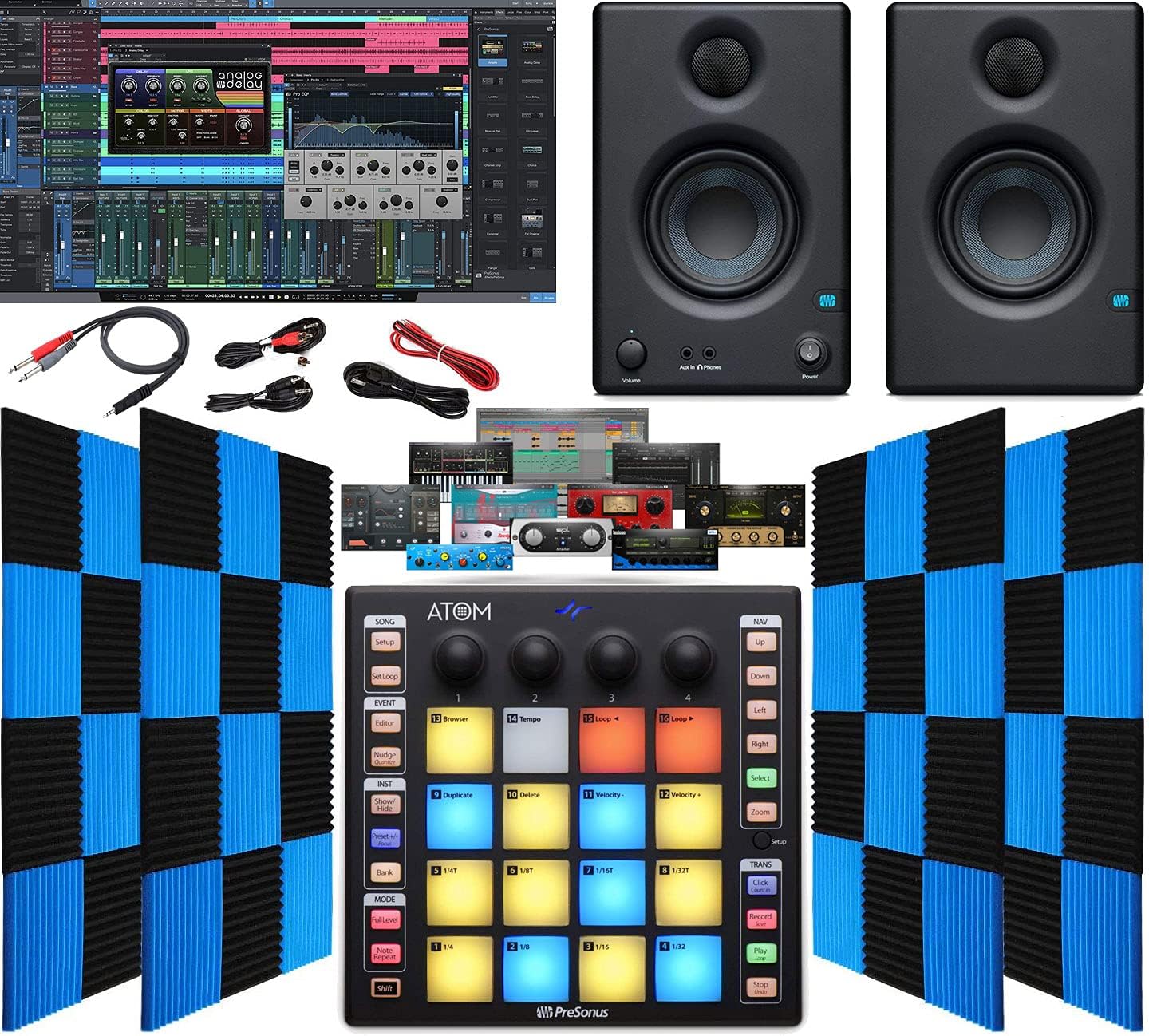 PreSonus ATOM Production/MIDI Pad Controller for USB/iPad & iOS | Eris 3.5 Pair Monitors, 24 Pack Acoustic Soundproof Foam Wedge Sound Insulation Panels + 3.5mm / TRS to Dual 1/4