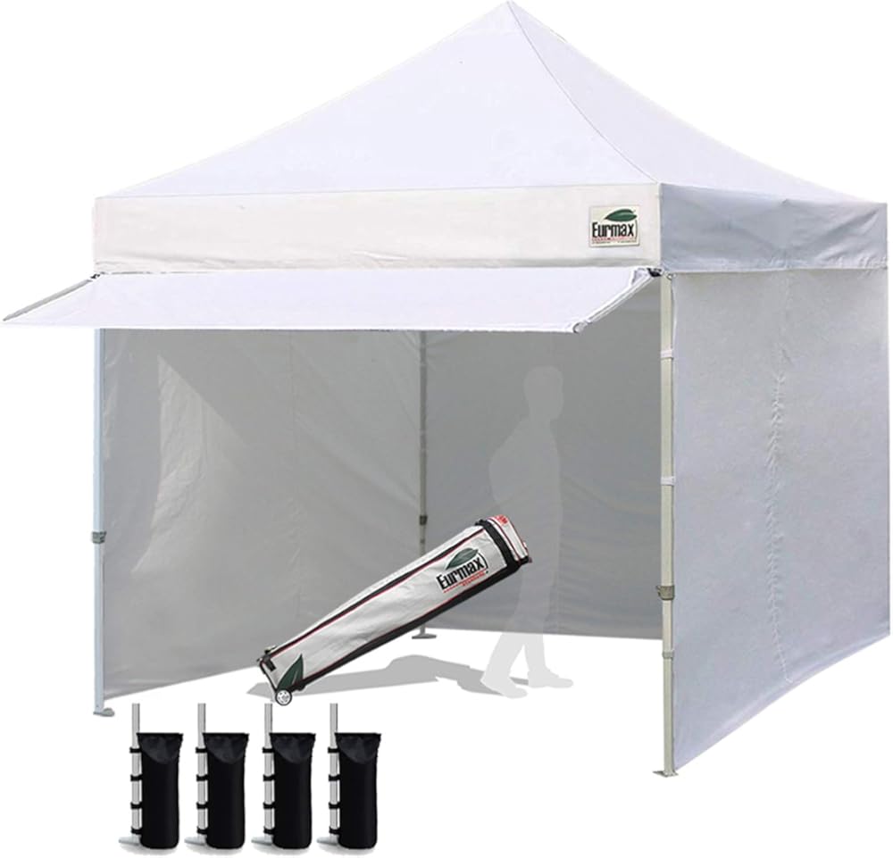 Eurmax USA 10 x 10 Pop up Canopy Commercial Tent Outdoor Party Canopies with 4 Removable Zippered Sidewalls and Roller Bag Bonus 4 Canopy Sand Bags & 24 Squre Ft Extended Awning(White)