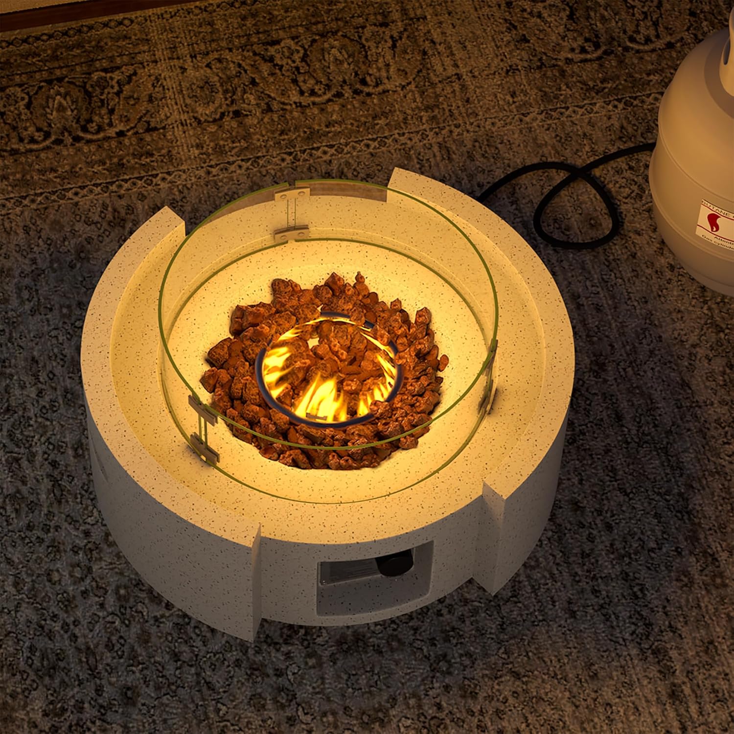 SUNBURY Outdoor Propane Fire Pit Table, 28 Inch Patio Gas Fire Table 50,000 BTU Modern Concrete Fire Pit for Outside in Spotted White w Glass Wind Guard, Lava Rocks