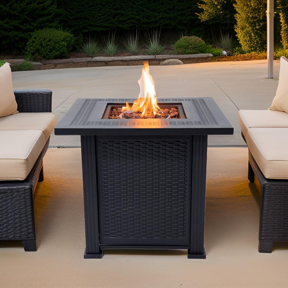 Lausanne Propane Fire Pit Table 28” Outdoor Firepit 50,000 BTU Firepits for Outside with Lava Rocks and Removable Lid Metal Fire Pit Outdoor Fireplace Propane Fire Pits for Outside CSA Certified