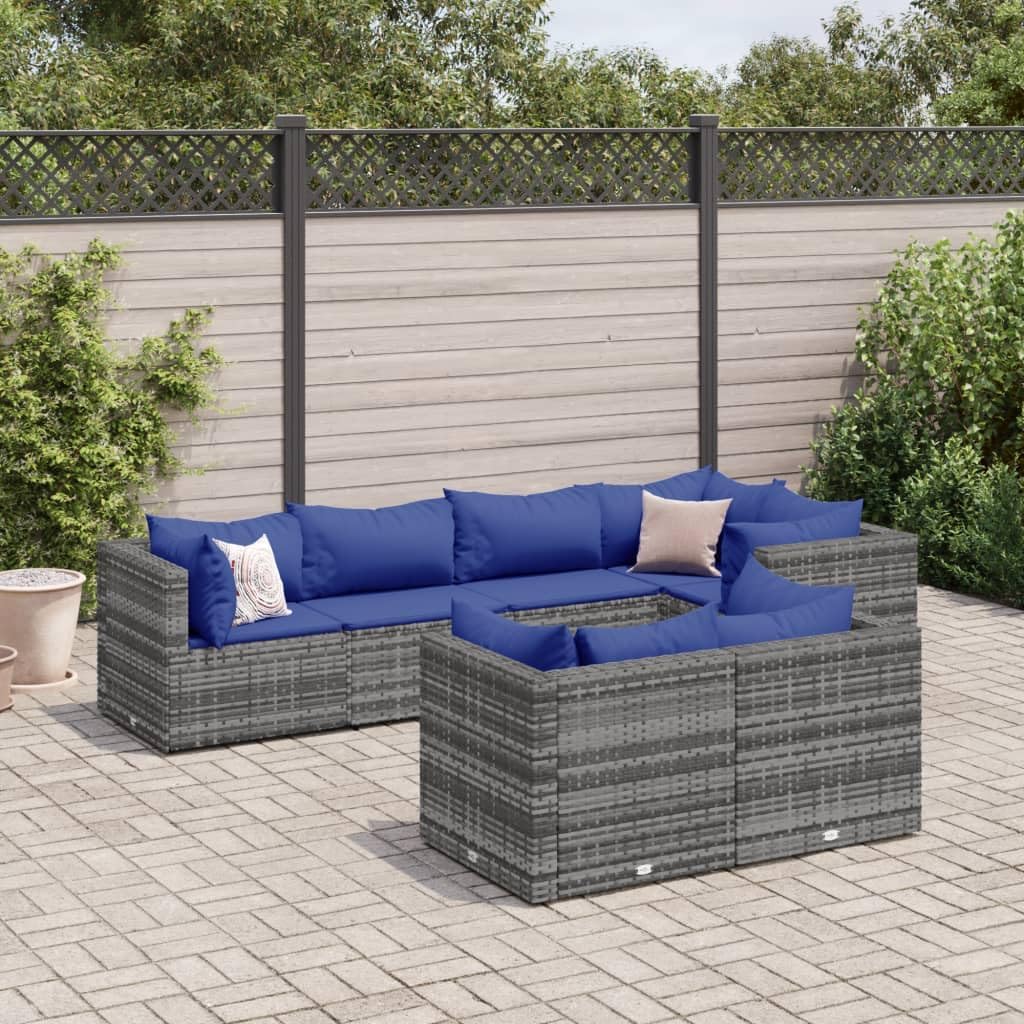 7 Piece Patio Lounge Set with Cushions Gray Poly Rattan,Outdoor Patio Conversation Furniture Set Durable Rattan and Modular Design Patio Furniture, Outdoor Furniture Sets