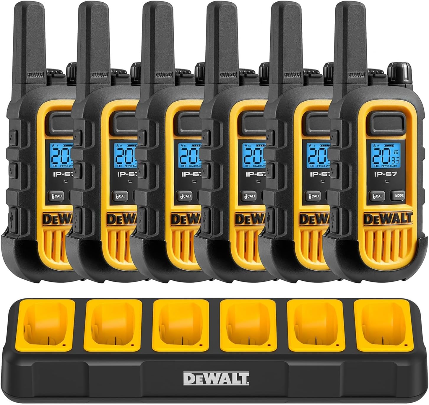 DEWALT FRS Walkie Talkies Long Range 2 Way Radio, 1 Watt, Waterproof & Rechargeable, 6 Pack with Gang Charger, DXFRS300-BCH6