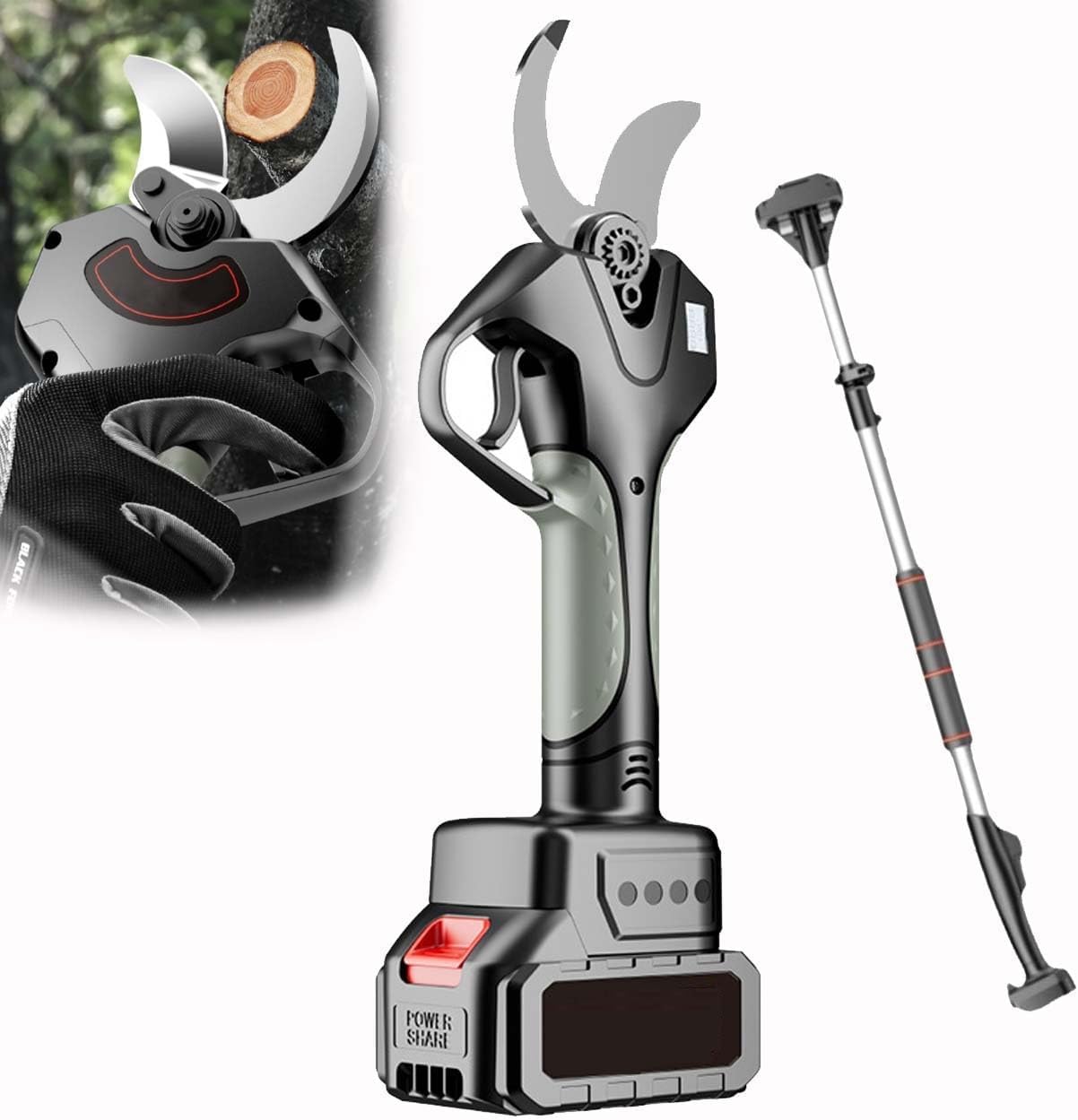 Heavy-Duty Cordless Pruning Shears with Sharp SK5 Blade – Electric Tree Cutter for Gardens, Parks, and Vineyards – Durable and Lightweight Design for Easy Use(Withpole)