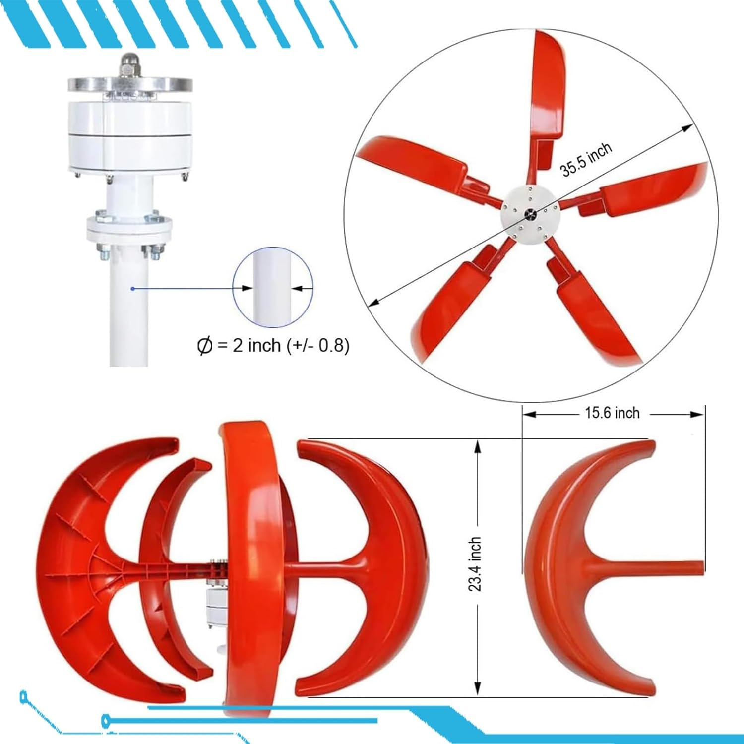 16000W Wind Turbines Generator, 5 Blades 12V 24V 48V Vertical Axis Wind Turbines Generator Kit for Home Hybrids Streetlight Use, Wind Turbines Kit for Hybrids Wind Solar System(Red,48V)