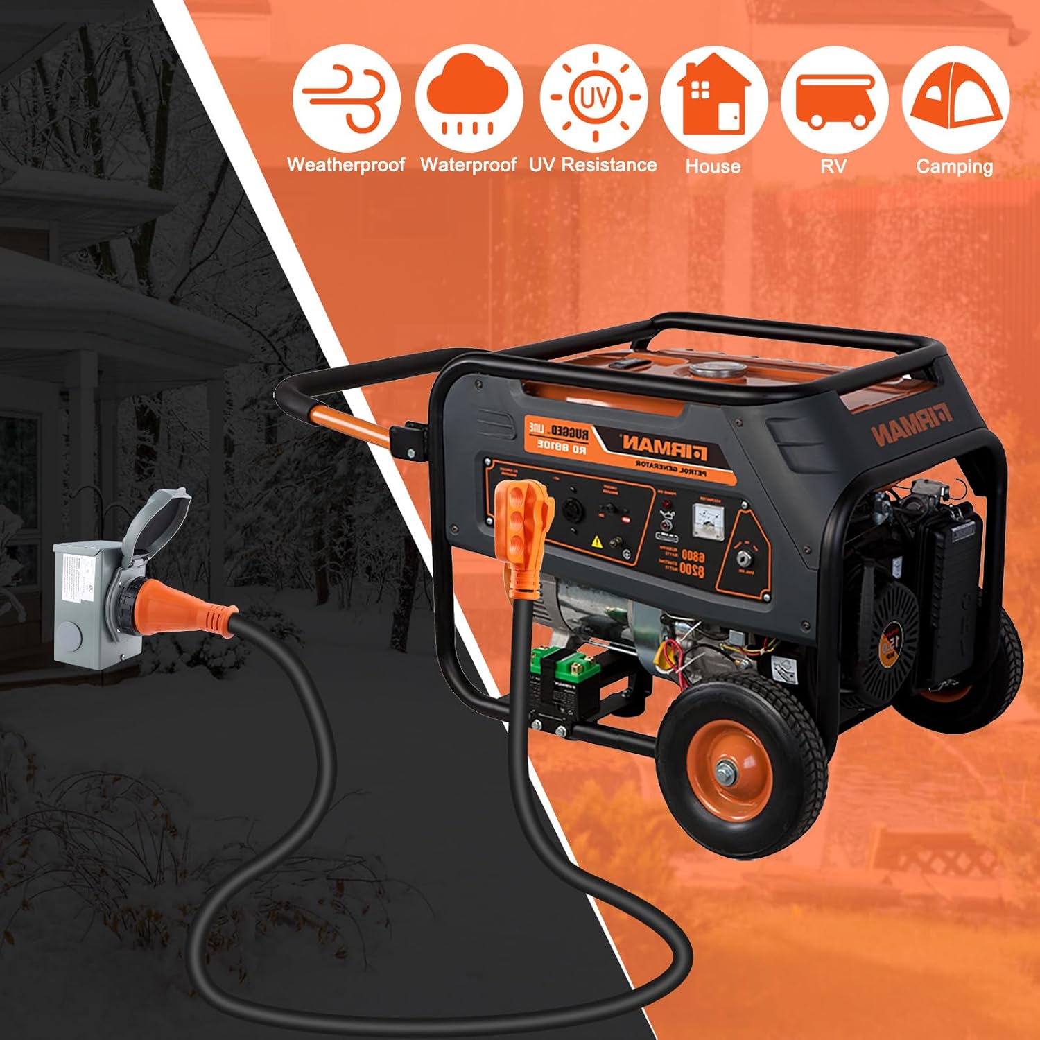 Finderomend 30 ft 50 Amp Generator Cord and Power Inlet Box Combo Kit, Pre-Drilled Generator Power Cord NEMA 14-50P to SS2-50R Extension Cord, for RV Truck Trailer Motorhome, 125/250 Volts