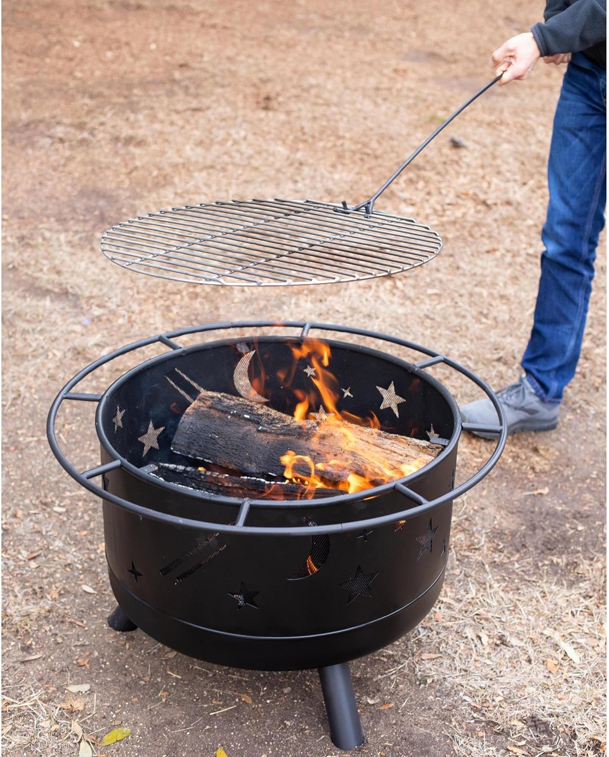 BIRDROCK HOME 30″ Round Wood-Burning Fire Pit – Portable Outdoor Patio & Garden Fire Bowl with Stars & Moon Cut-Outs, Spark Screen, Built-in Grate, 4 Roasting Sticks & Fire Poker - Black