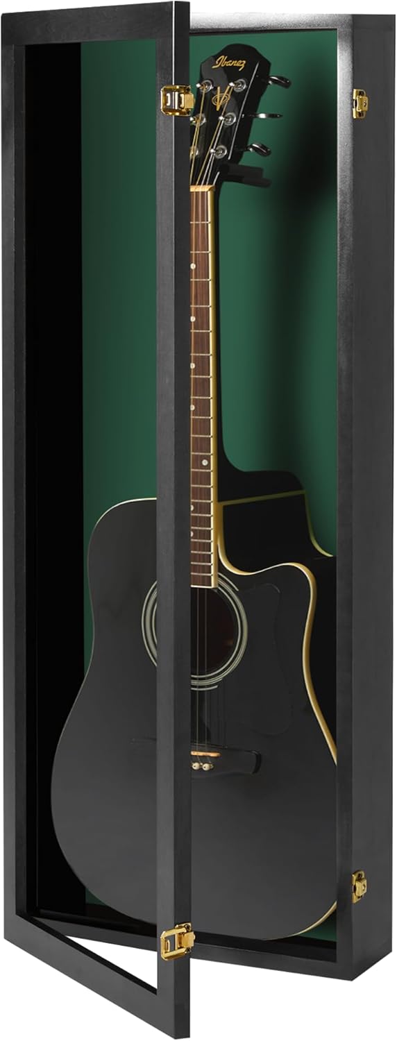 PENNZONI Acoustic Guitar Display Case - Acrylic Acoustic Guitar Case - Guitar Display Case Wall Mount Made from Hardwood Frame & Clear Acrylic - Black w/Felt Green