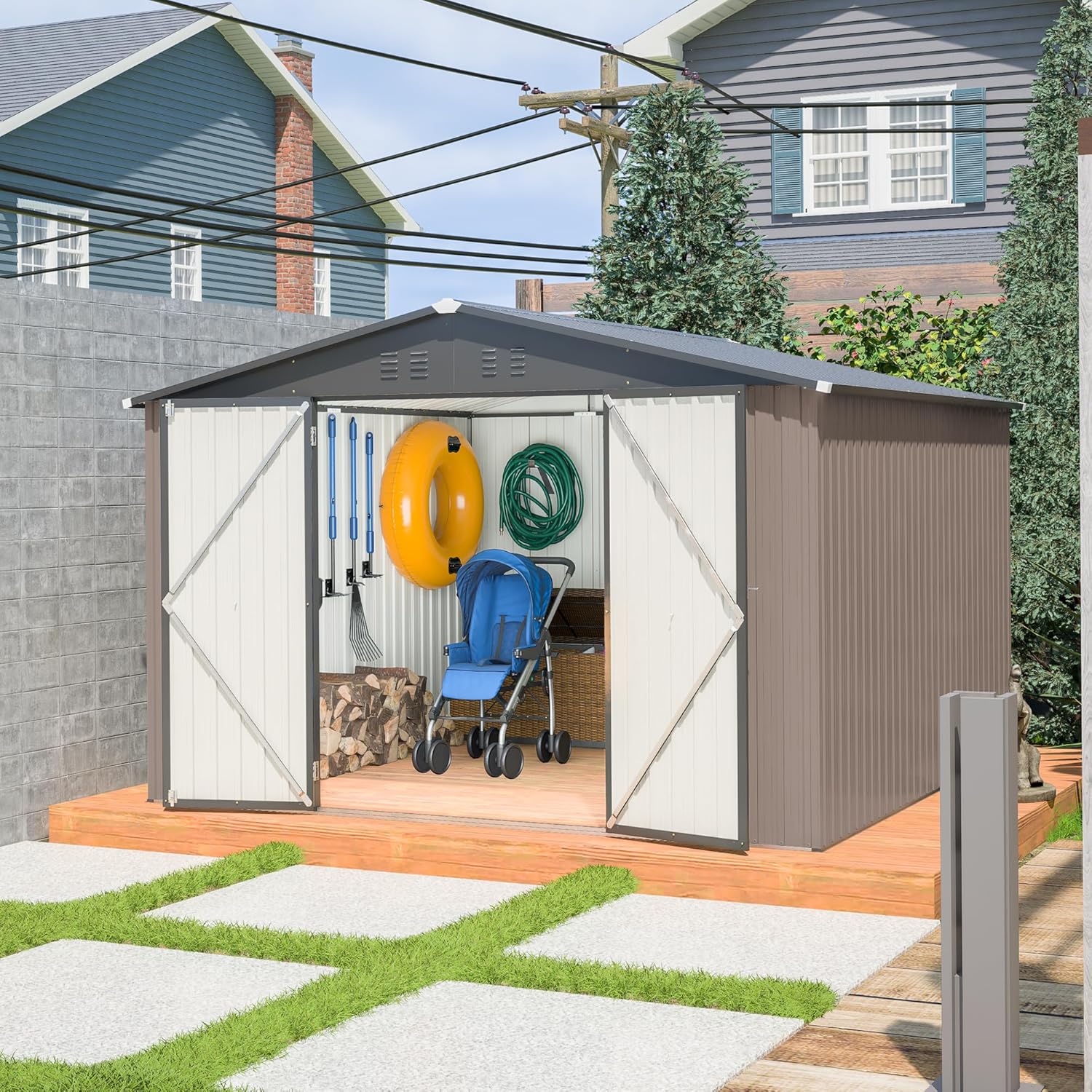 Favfurish Outdoor Storage Shed 10 x 10 FT,Heavy Duty Tool Sheds Metal Storage Garden Shed with Sloped Roof and Lockable Doors,Large Metal Storage Sheds for Backyard Patio Lawn, Brow
