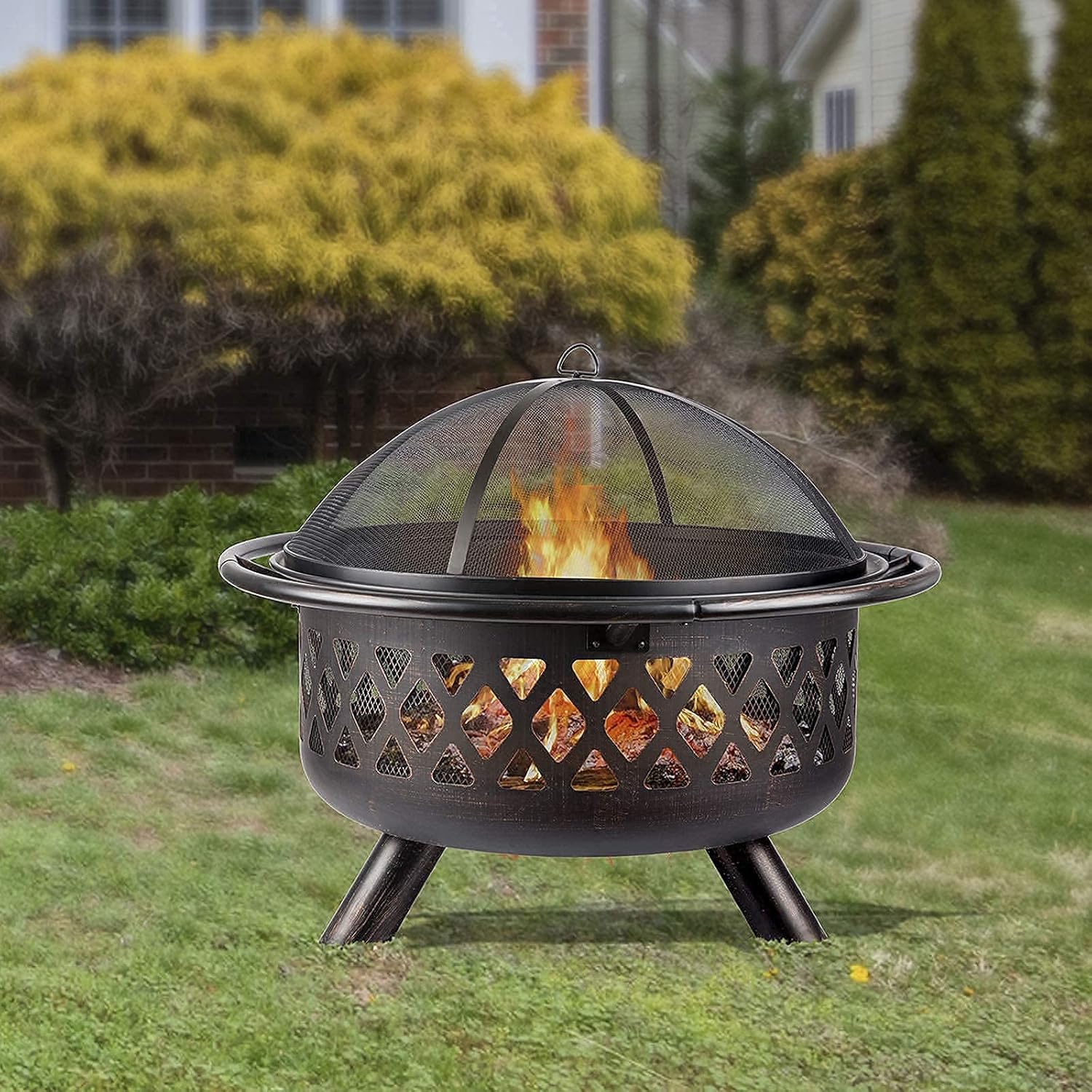 Small firepit,Outdoor Fire Pit with BBQ Grill Shelf Fire Bowl with Spark Protection Mesh Extra Includes Poker and Cover Garden Patio Heater