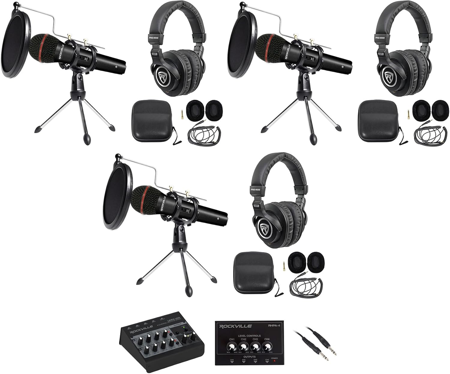 Rockville 3-Person Podcast Recording Package LINE8 USB 8-Channel Mixer and USB Audio Interface with (3) PRO-M50 Headphones, (3) RMIC-SR Mics, Stands, RHPA4 Amp, Cables (12 Items)