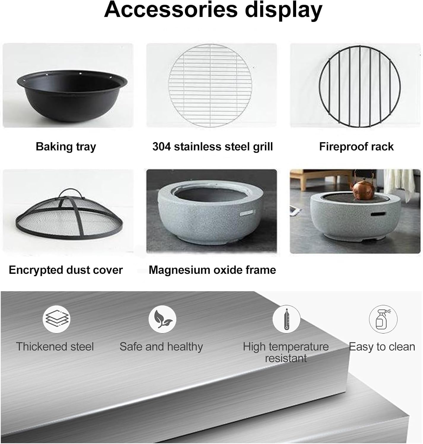 24 in Portable Round Wood Burning Fire Pit, Outside Wood Burning Firepit Bonfire, Barbecue Grill with Sturdy Faux Imitation Concrete Appearance Base, for Patio Garden Backyard BBQ