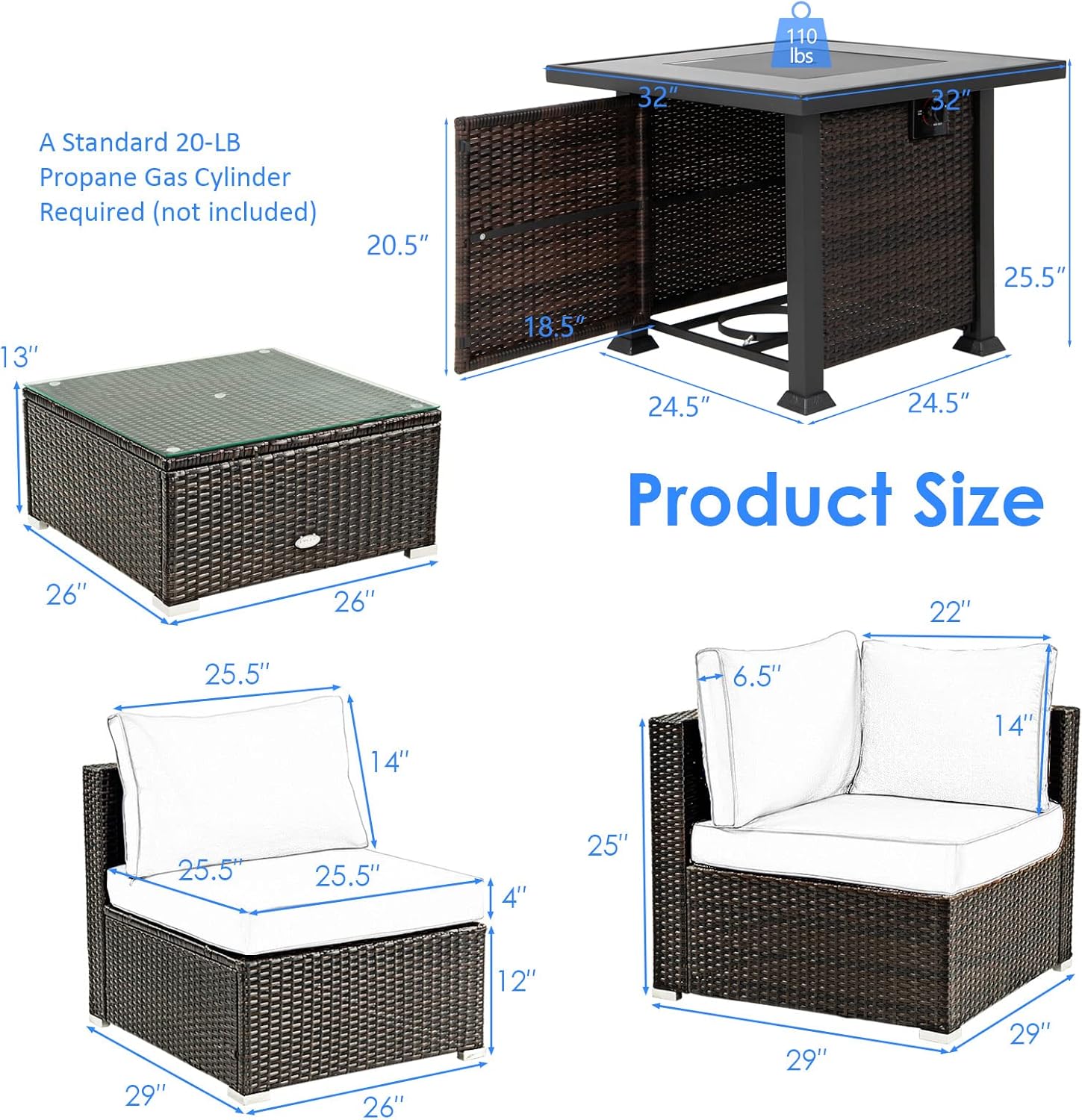 Tangkula 6 Piece Patio Wicker Conversation Set, Outdoor Rattan Sofa Set w/32” Propane Fire Pit Table, 50,000 BTU Heat, Tempered Glass Tabletop, Fire Pit Protective Cover Included (Red)