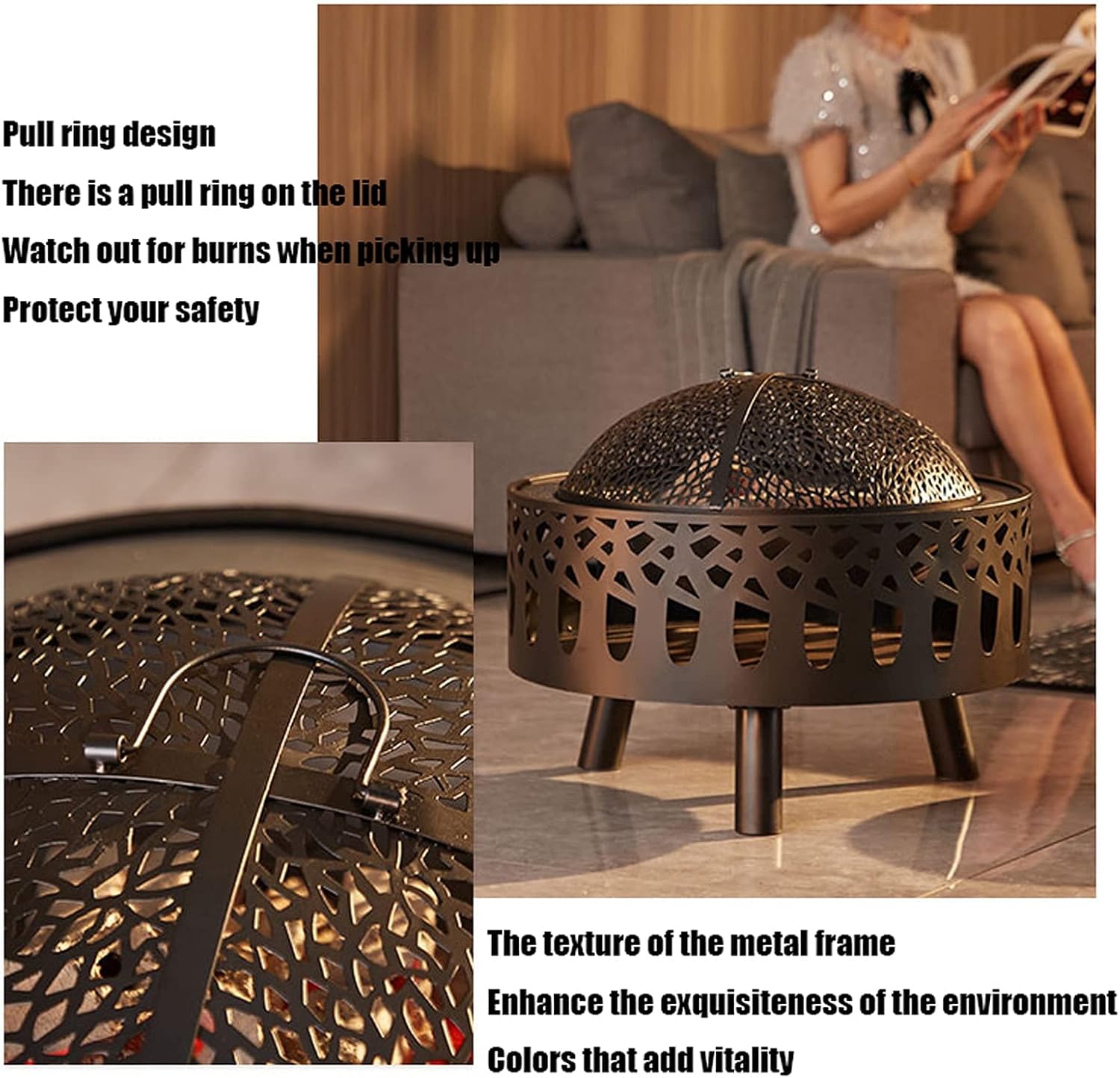 Outdoor Fire Pit,Metal Wood Burning Fire Bowl with Poker/Charcoal Grid/Mesh Cover,Garden Patio Heater BBQ Grill Camping Bonfire