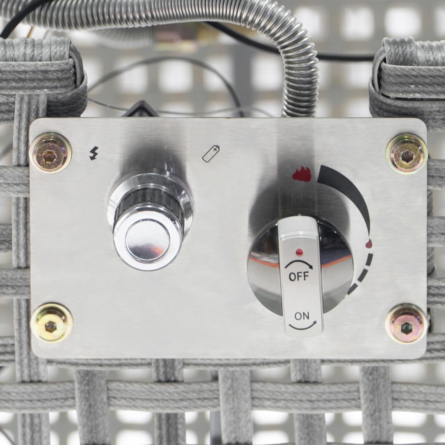 Propane Gas Fire Pit Table, 60000 BTU Rectangular Open Weave Wicker with Glass Wind Guard for Outside Patio Deck Garden Backyard(Grey)