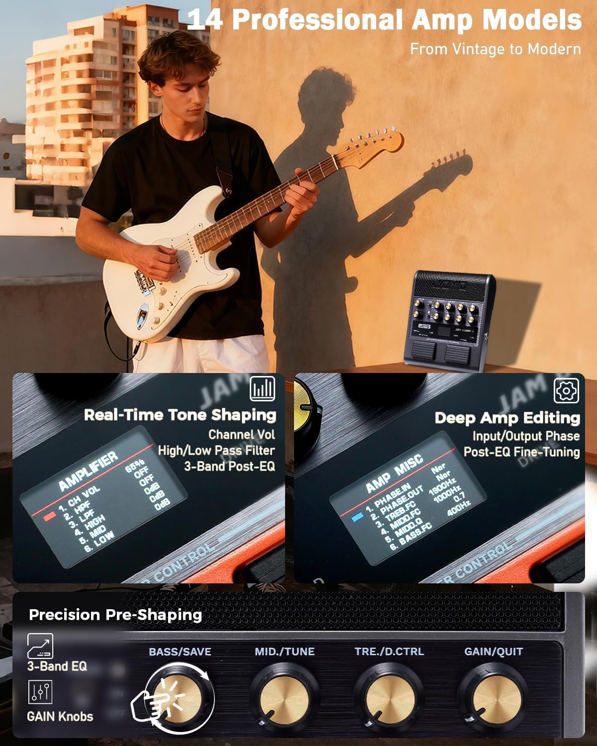 JOYO 10W Portable Electric Guitar Amp Multi-Effects Pedal Combo Amplifier with Footswitch,14 Amp Models,3-Band EQ,36 Drum Patterns & Looper,OTG Recording,Bluetooth for Practice(JAM Buddy II, Black)