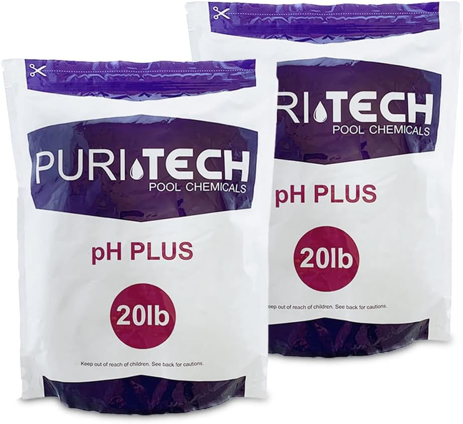 Puri Tech Chemicals pH Plus 40lb for Swimming Pools & Spas pH Increaser Balancer 100% Sodium Carbonate Increases pH & Chlorine Effectiveness - 2 x 20lb Bags
