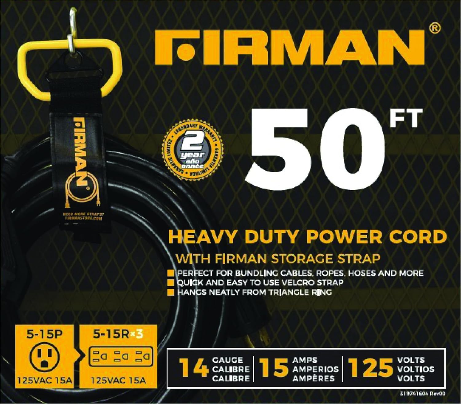 Firman 2020 50' Medium Duty Generator Utility Power Cord, 5-15P to (3) 5-15R, 14 Gauge, 15A, 1875W, Outdoor Rated Extension Cord with Storage Strap for Jobsite, RV, Home, Backup Power