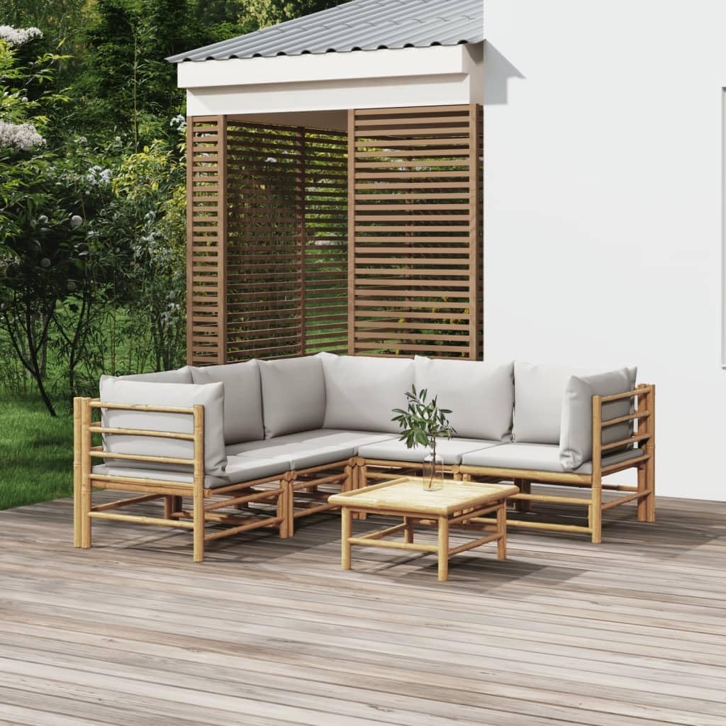 6 Piece Patio Lounge Set with Light Gray Cushions Bamboo,Bamboo Patio Lounge Set Comfortable Outdoor Seating with Modular Design Patio Furniture, Outdoor Furniture Sets
