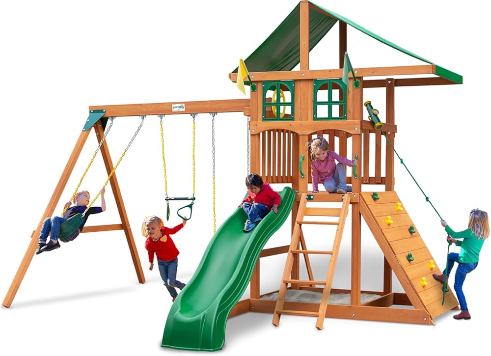 Gorilla Playsets 01-1077 Avalon Treehouse Wooden Swing Set with Oversized Green Vinyl Canopy Roof, Climbing Wall, Ladder, Swings and Slide