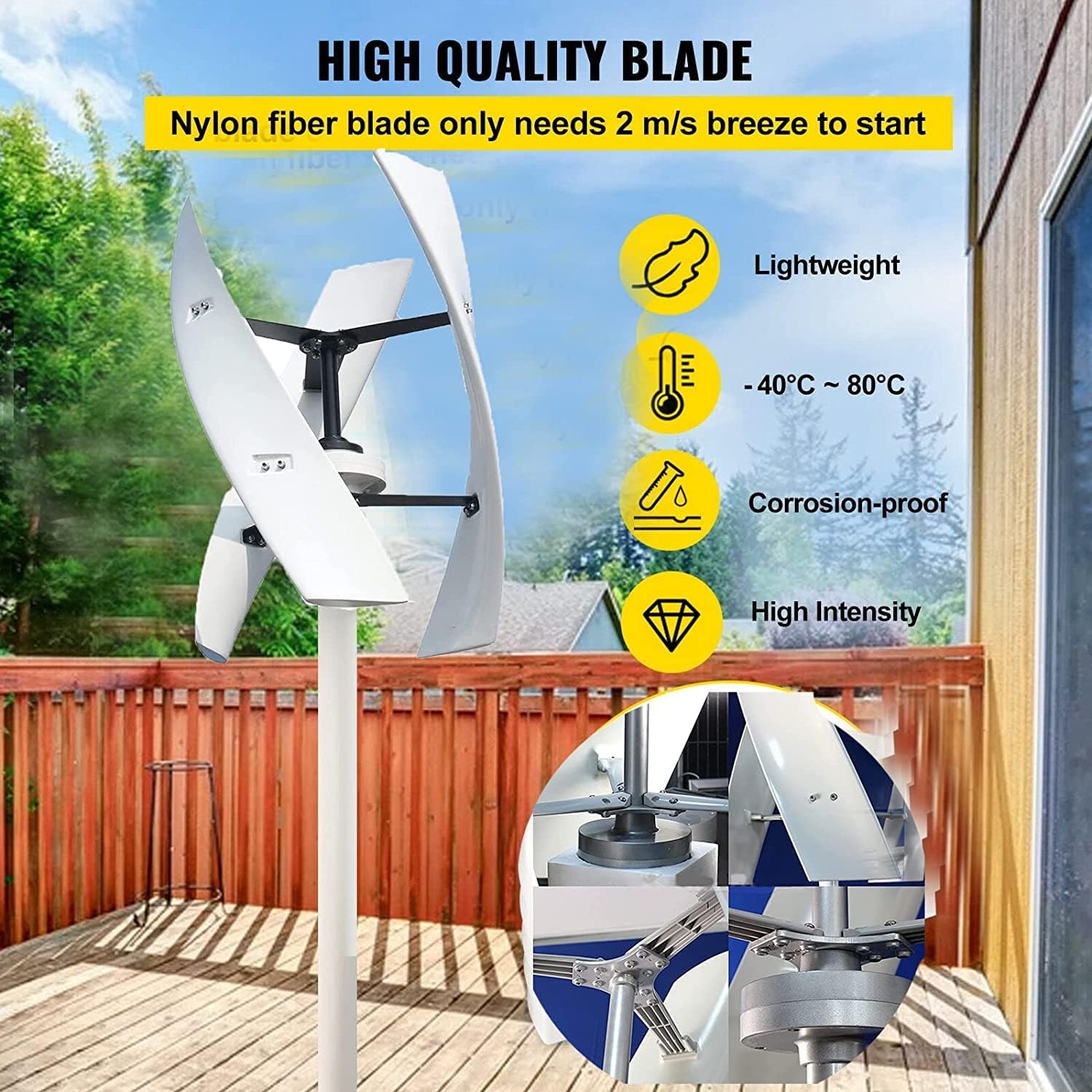 9000W Noiseless Vertical Magnetic Levitation Upright Wind Turbine, Waterproof Loader 3 Leaves Wind Turbine for House Camping