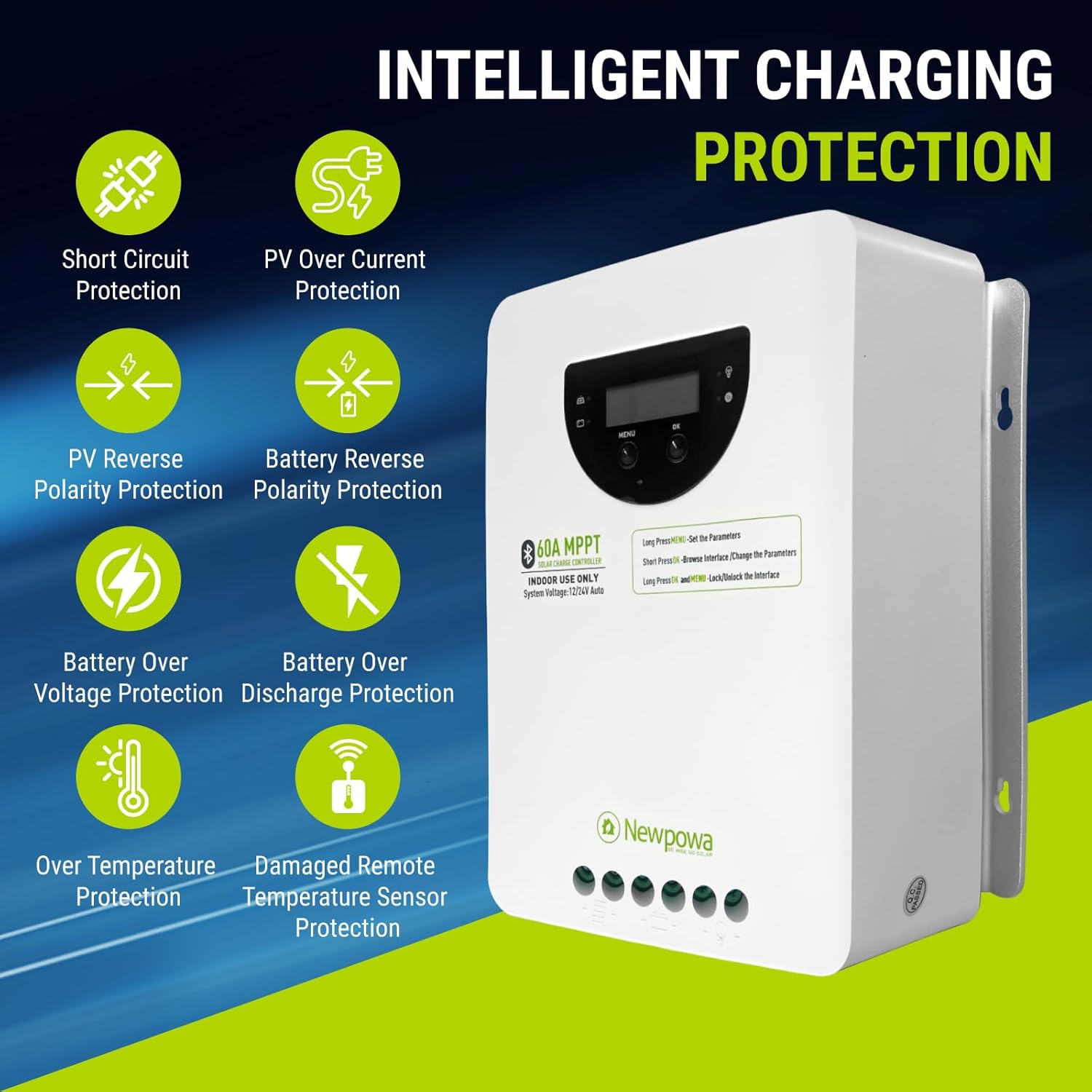 Newpowa MPPT 60A 12/24V Solar Charge Controller with LCD and Bluetooth for Solar Panel Control for Gel Sealed Flooded Lithium Battery