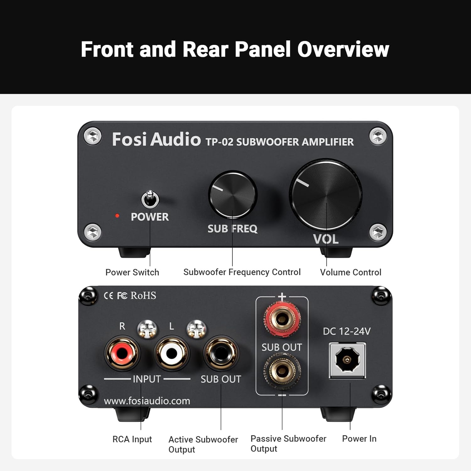Fosi Audio TP-02 Subwoofer Amplifier Home Audio, Mini Bass Amp Mono Subwoofer Amp, with TDA7498E Chip 220W Volume and Frequency Control, for Powered Passive Subwoofers Bass Shakers