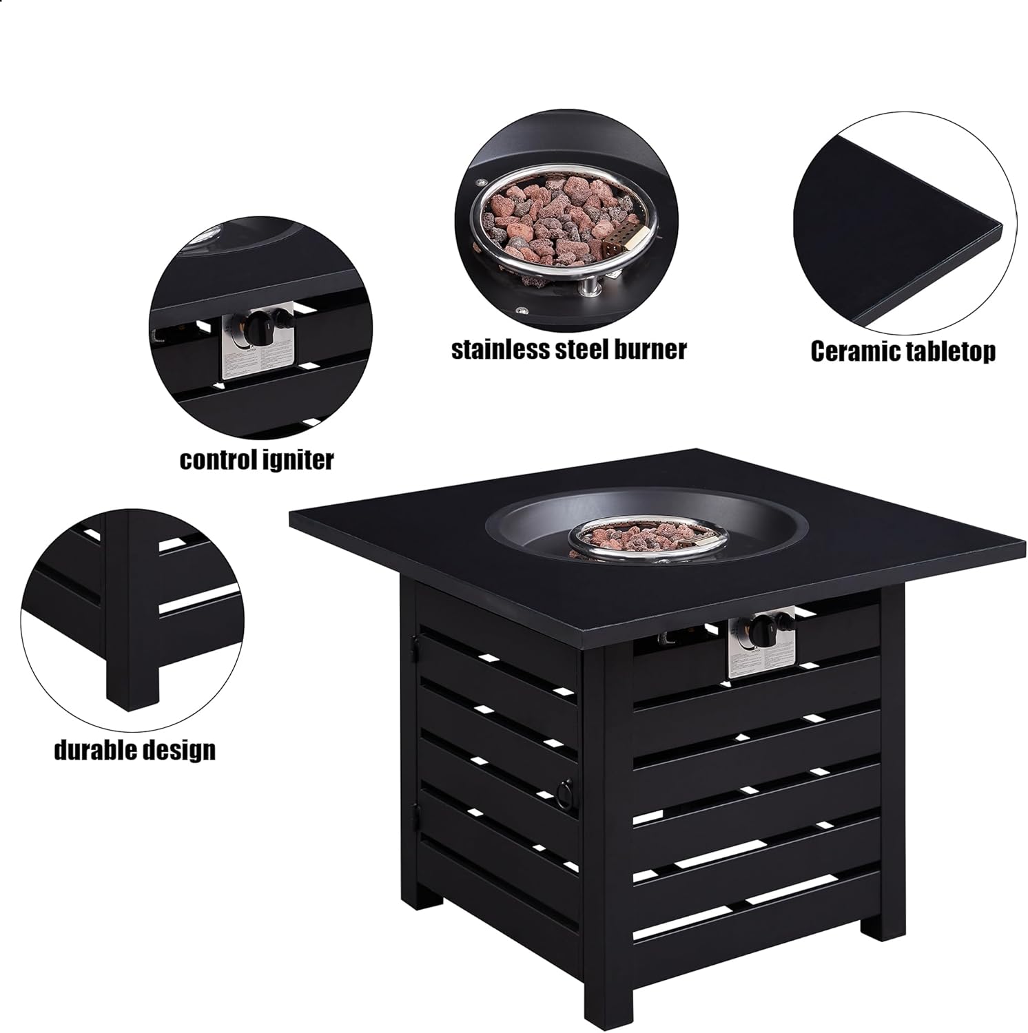 Fire Pit Table, 32-inch Square 50,000 BTU Auto-Ignition Propane Firepit with Waterproof Cover