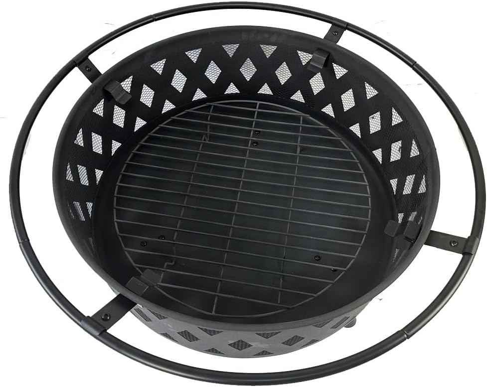 Large Round Fire Pit with Net Cover, Fire Poker & Diamond Mesh - Metal Wood Burning Outdoor Fire Pit for Courtyards, Backyards, Gardens - Ideal for Bonfire Parties, Christmas, Thanksgiving, Halloween
