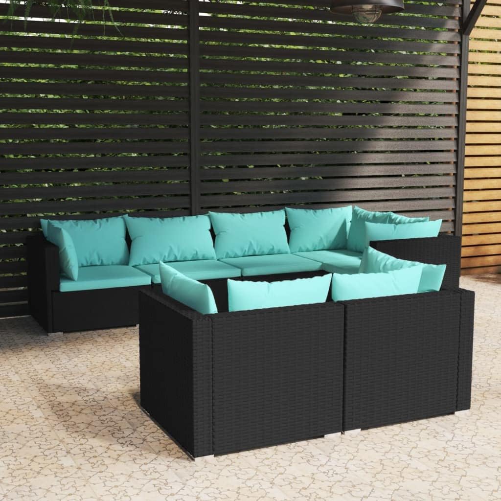 7 Piece Patio Lounge Set with Cushions Black Poly Rattan,Premium Poly Rattan 5Piece Patio Lounge Set with WaterBlue Cushions for Outdoor Relaxation Patio Furniture, Outdoor Furniture Sets