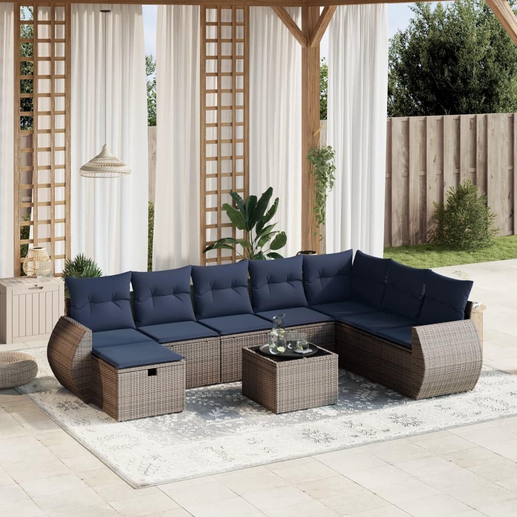 9 Piece Patio Sofa Set with Cushions, Gray Poly Rattan Outdoor Sectional Furniture, Tempered Glass Tabletop, UV-Proof for Garden Backyard