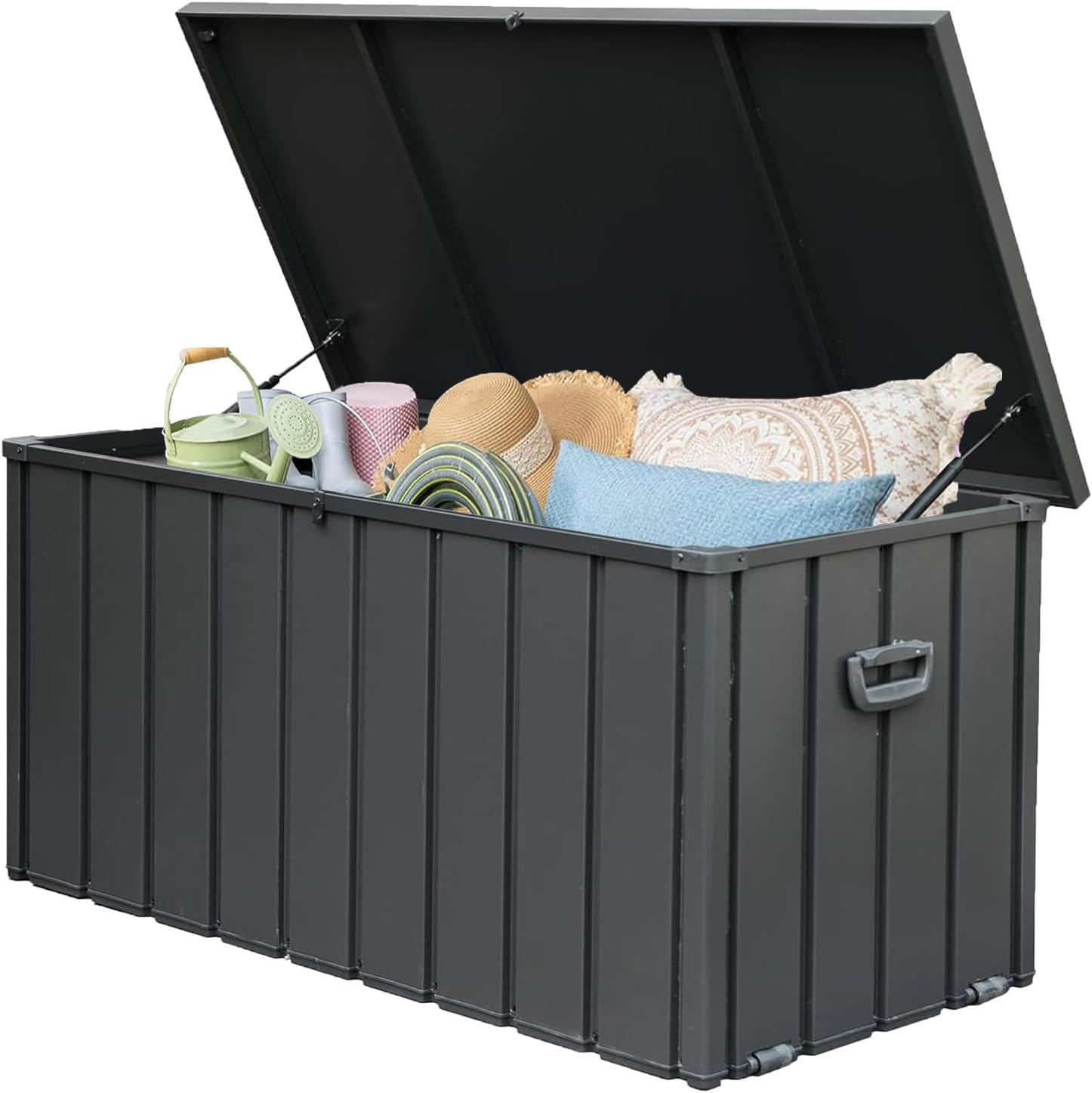 LANTRO JS 200 Gallon Metal Deck Box, Outdoor Storage Box Waterproof with Wheels, Lockable Storage Container for Patio Furniture Cushions Garden Tools, Dark Gray