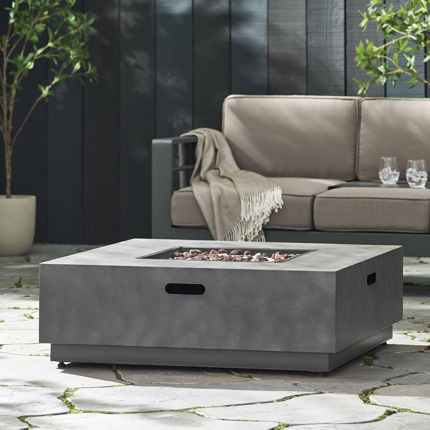 Square Fire Pit 50,000 Btu – Stone Gray Outdoor Gas Fire Pit with Lava Rocks, Modern Patio Heater for Backyard, Deck, – Durable Stylish (1 Doors)