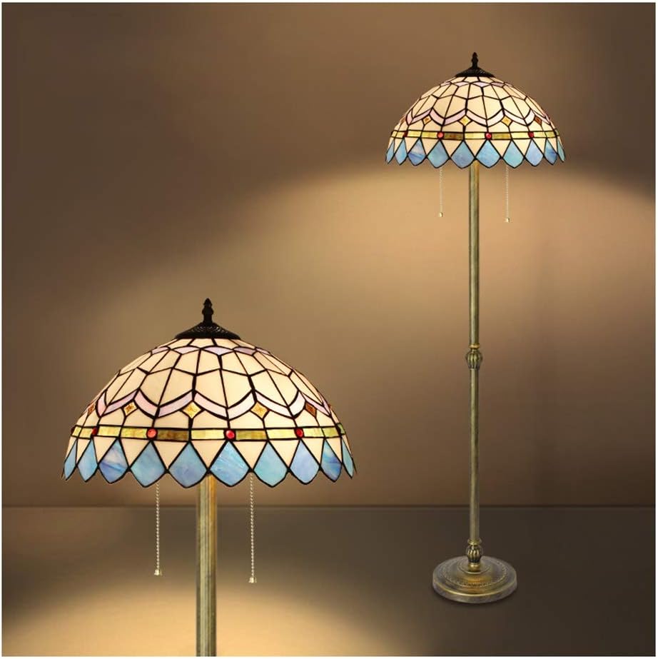 Floor Lamp Standing Lamp for Bedroom Floor Lamp European Style Stained Glass 2 Lamp Antique Base Living Room Study Warm Mediterranean Blue Lamp (Color : B)