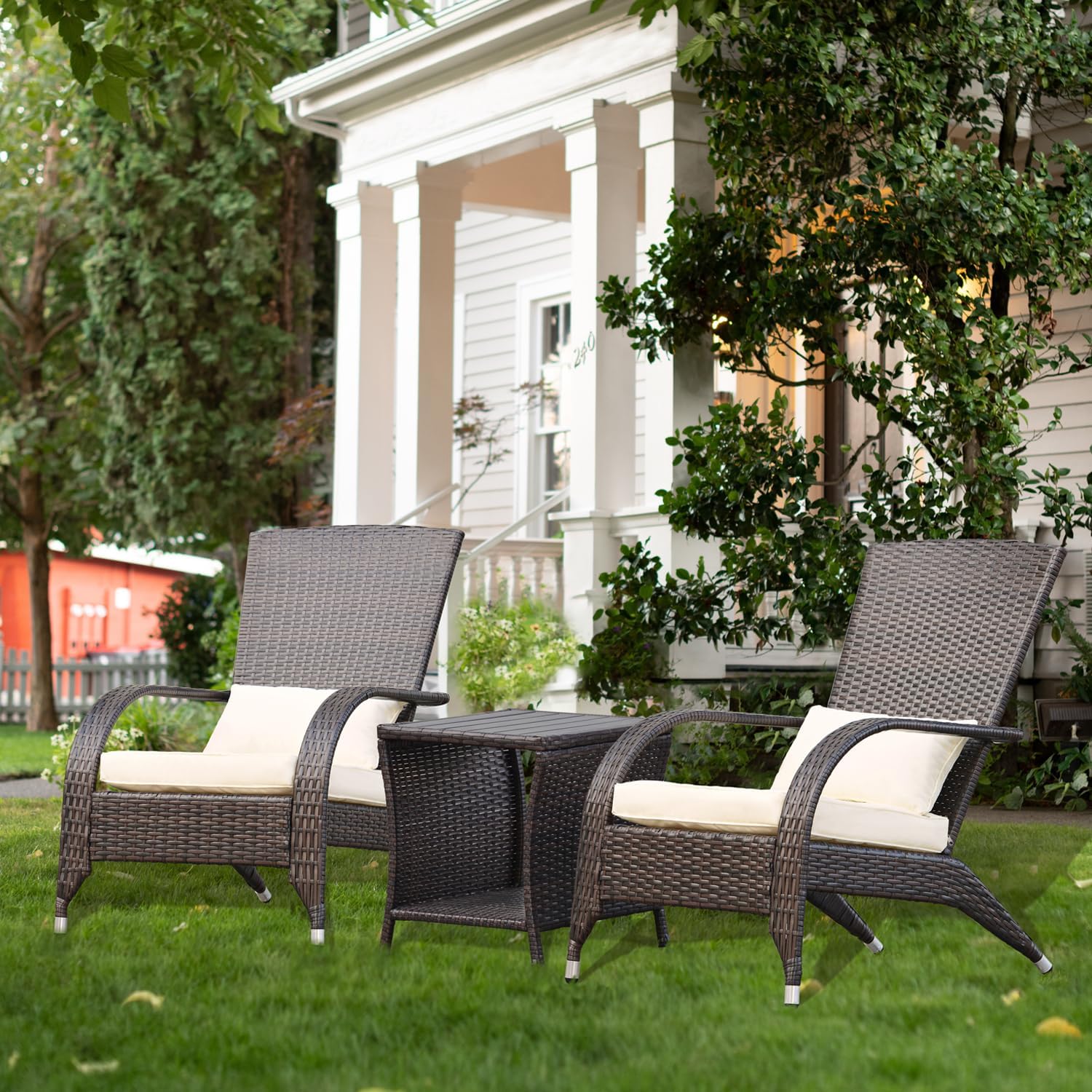 Adirondack Chairs Set 2 Outdoor Wicker Rattan Fire Pit Chairs Oversized Comfy Relax Accent Patio Chairs with Soft Cushion Low Deep Seating Tall Curved Backrest for Outside Backyard Deck Porch Cream