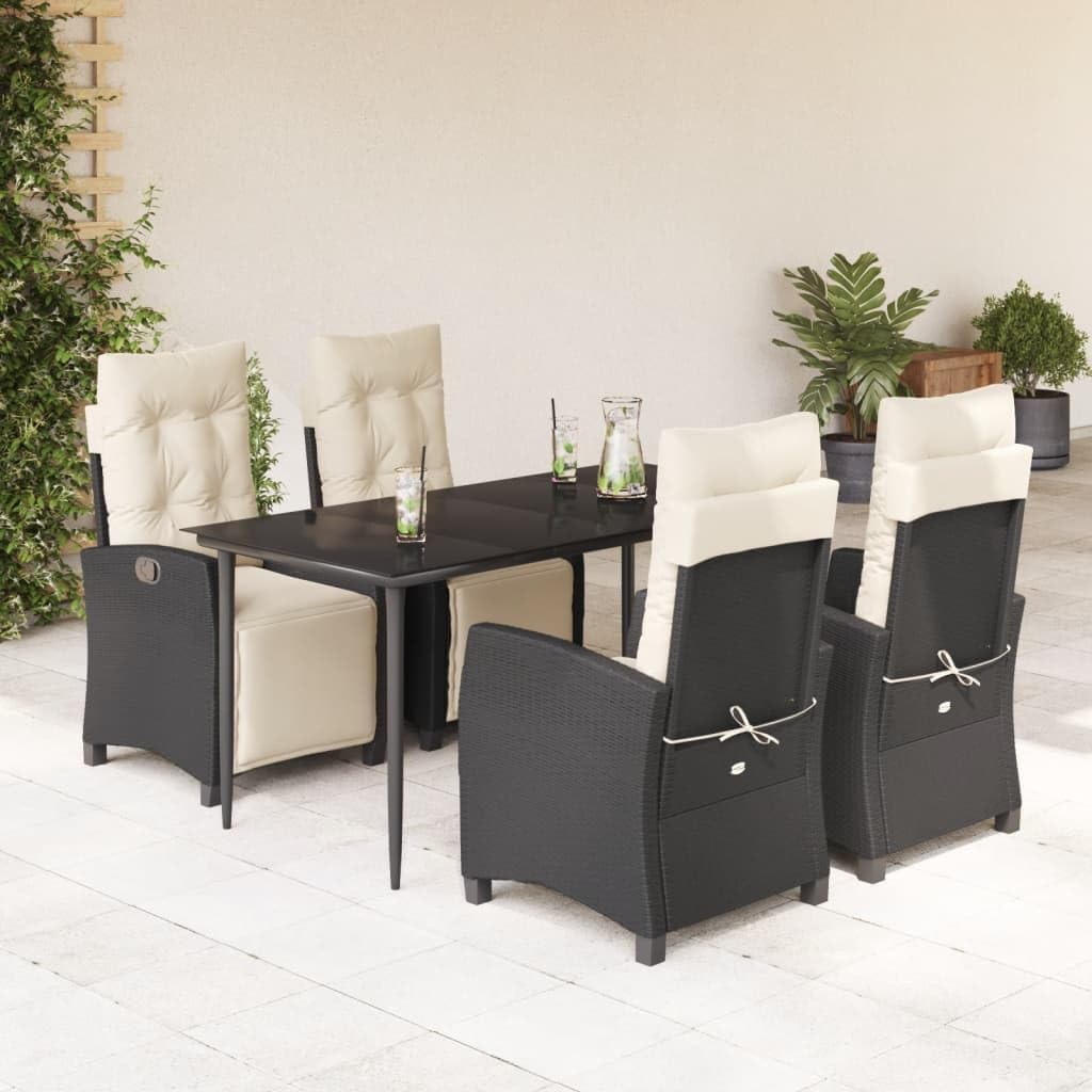 5 Piece Patio Dining Set with Cushions Black Poly Rattan Garden Furniture