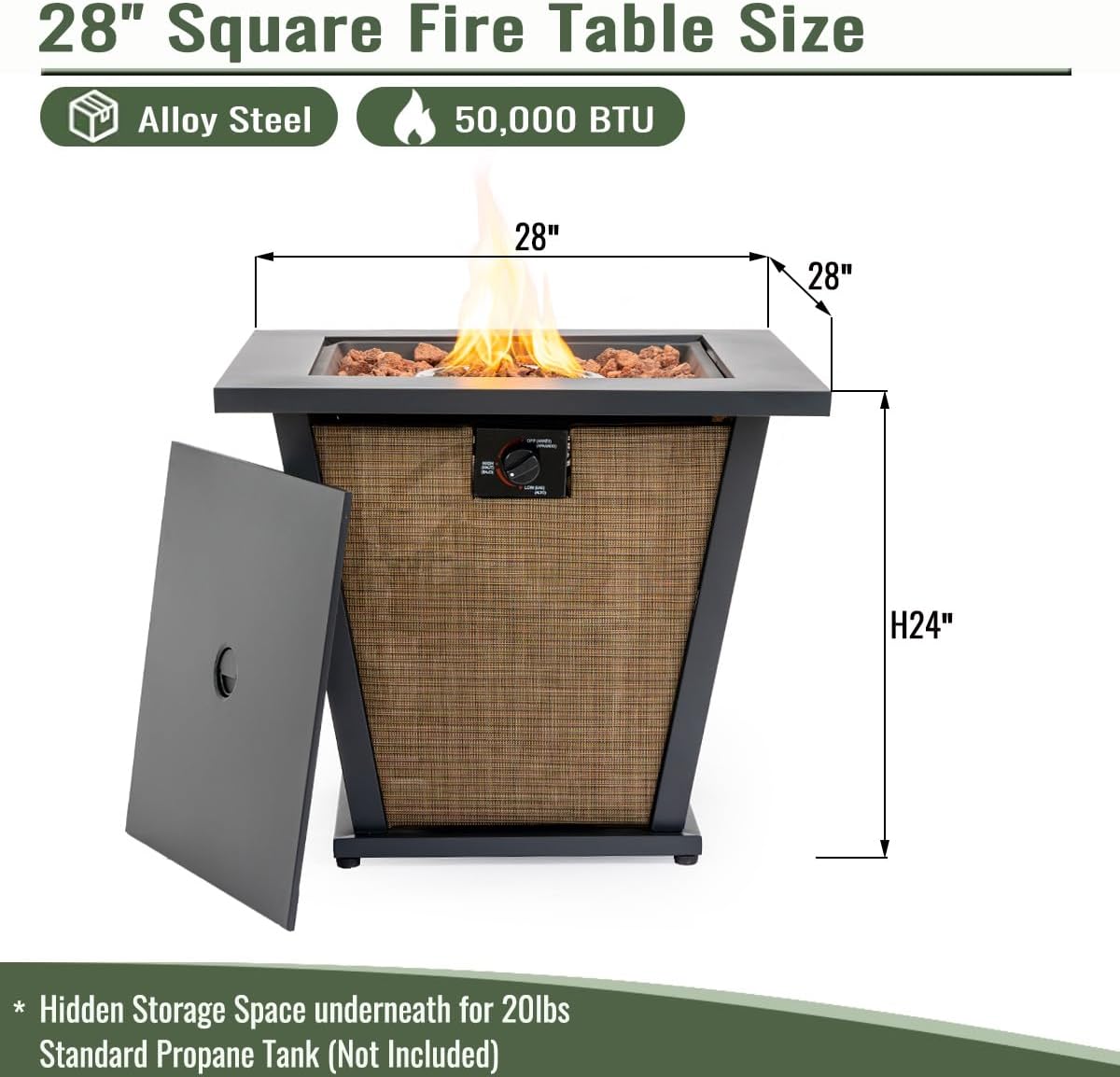 28 Inch Square Steel Fire Pit Table in Rich Brown Finish, 50,000 BTU Propane Powered Outdoor Heater with Durable Steel Construction for Patio Deck and Courtyard Settings
