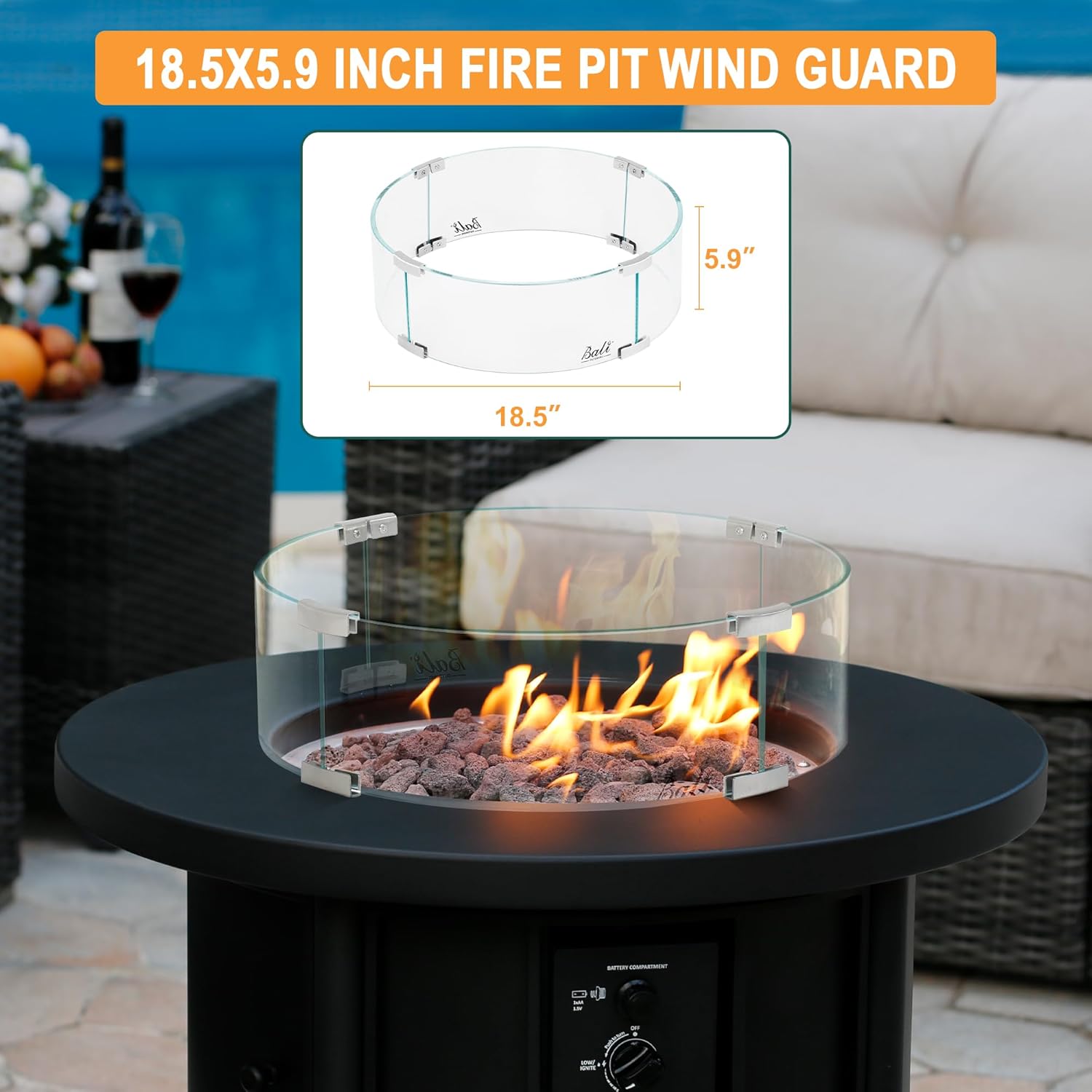 BALI OUTDOORS Fire Pit Wind Guard, 18.5 x 18.5 x6 Inch Clear Tempered Glass Flame Guard with Hard Aluminum Corner Brackets, Fits for Round Outdoor Fire Pit